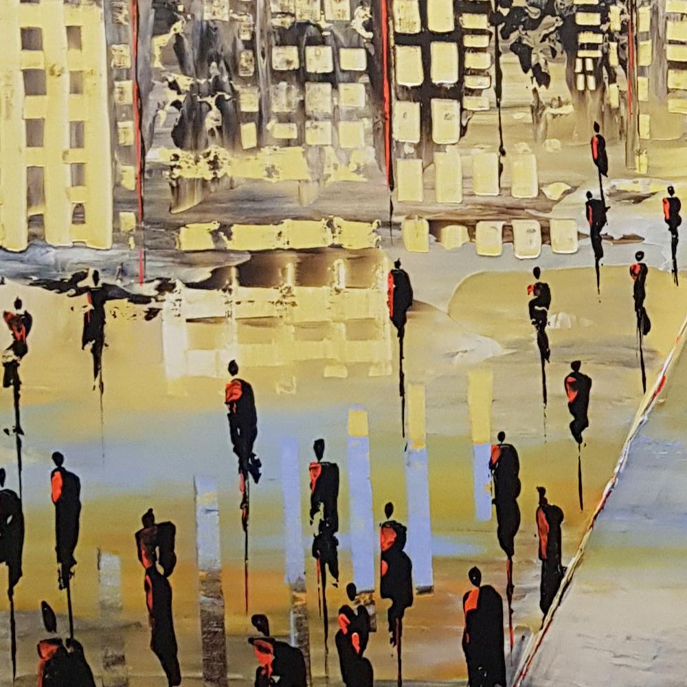 „Infinitely“, Yellow Road, City, People and Buildings Abstrakte Landschaft (Abstrakter Expressionismus), Painting, von Jean-Humbert Savoldelli