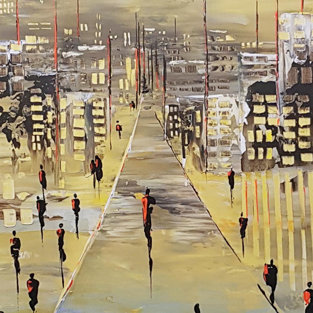 „Infinitely“, Yellow Road, City, People and Buildings Abstrakte Landschaft (Beige), Abstract Painting, von Jean-Humbert Savoldelli