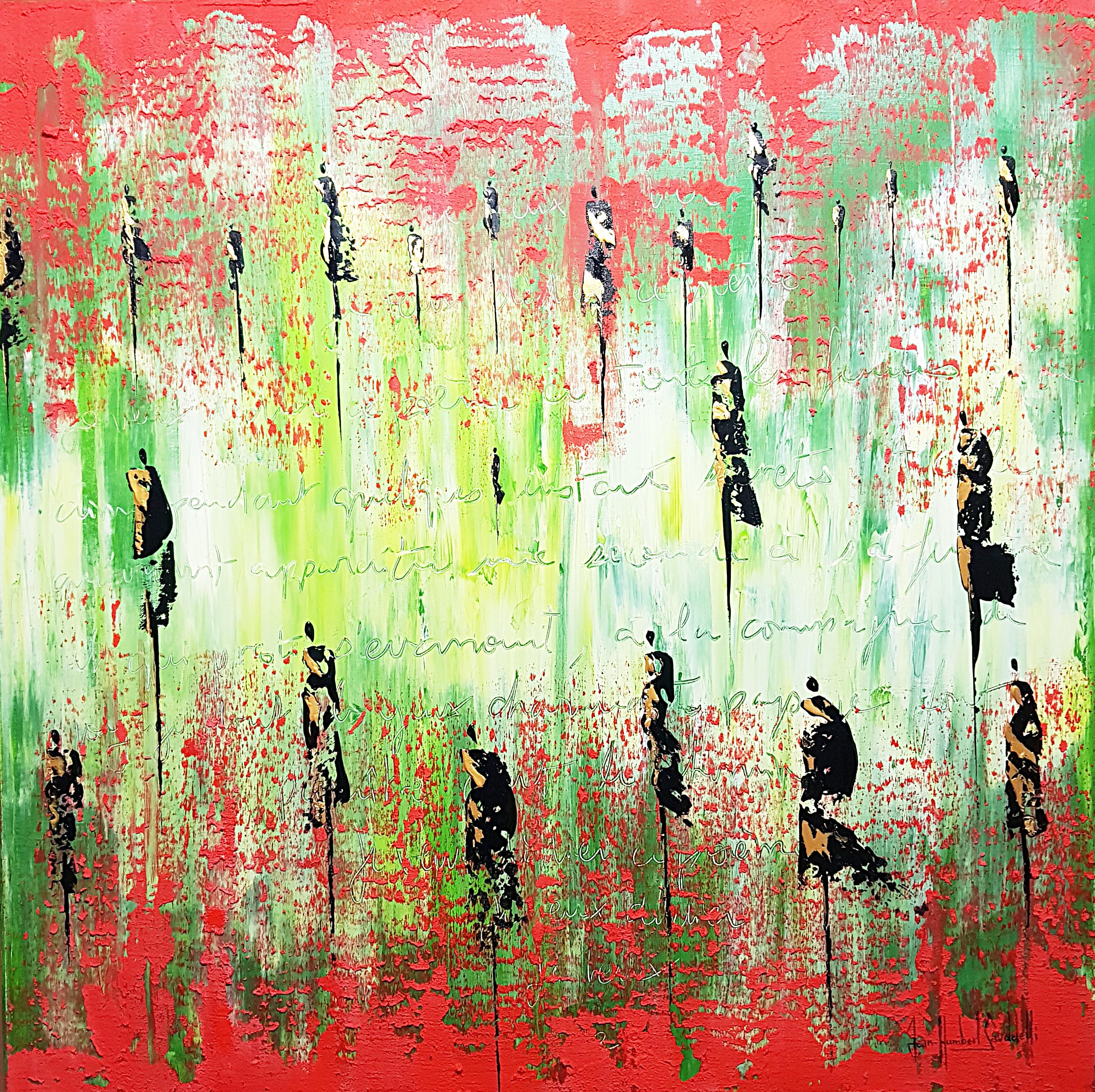 Jean-Humbert Savoldelli Landscape Painting – "The Poem", Red and Green with Text and People Abstract Acrylic Landscape