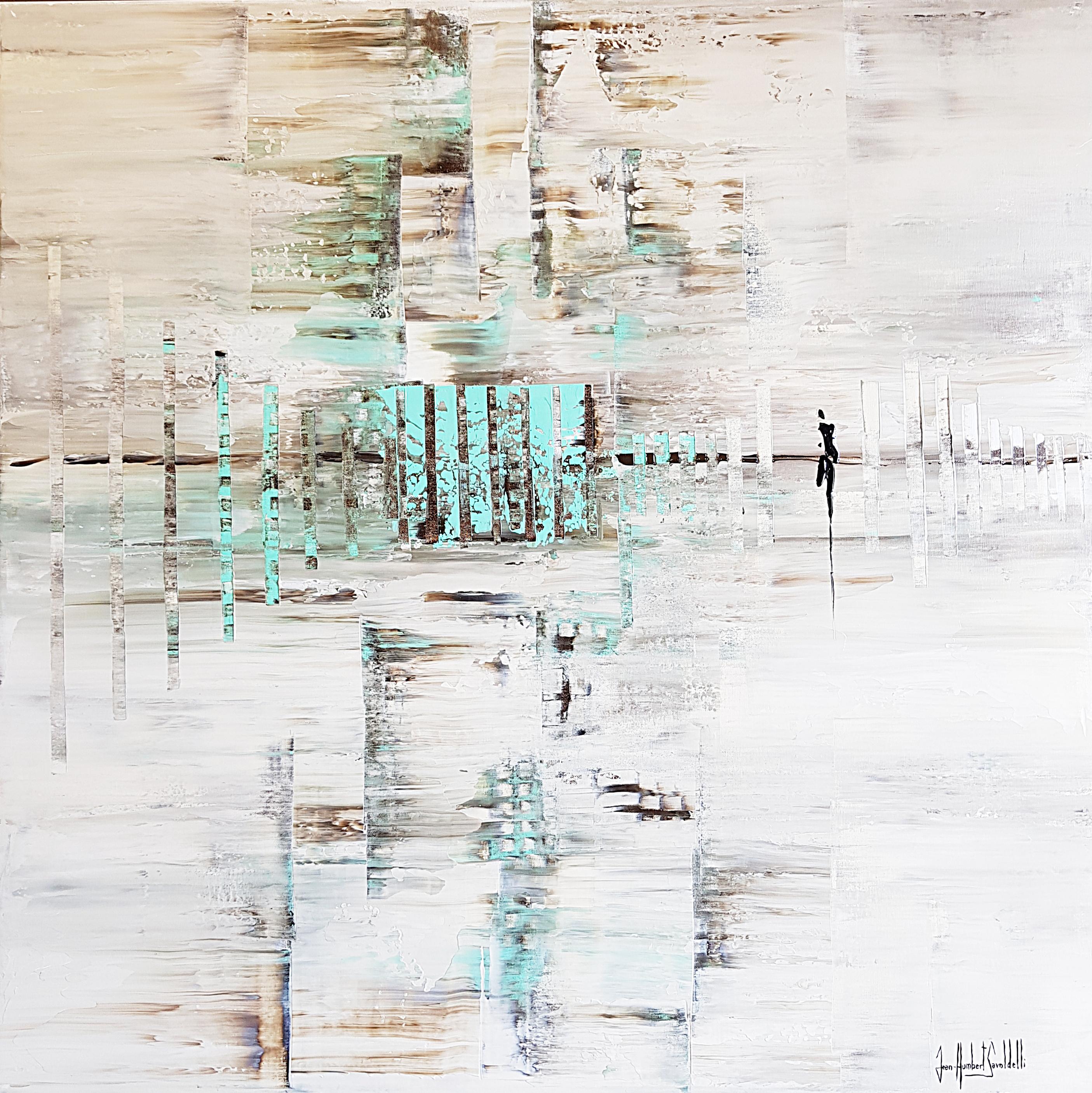 Jean-Humbert Savoldelli Landscape Painting - "Just an Illusion", Beige and Cyan Abstract Acrylic Sea Landscape