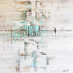 "Just an Illusion", Beige and Cyan Abstract Acrylic Sea Landscape