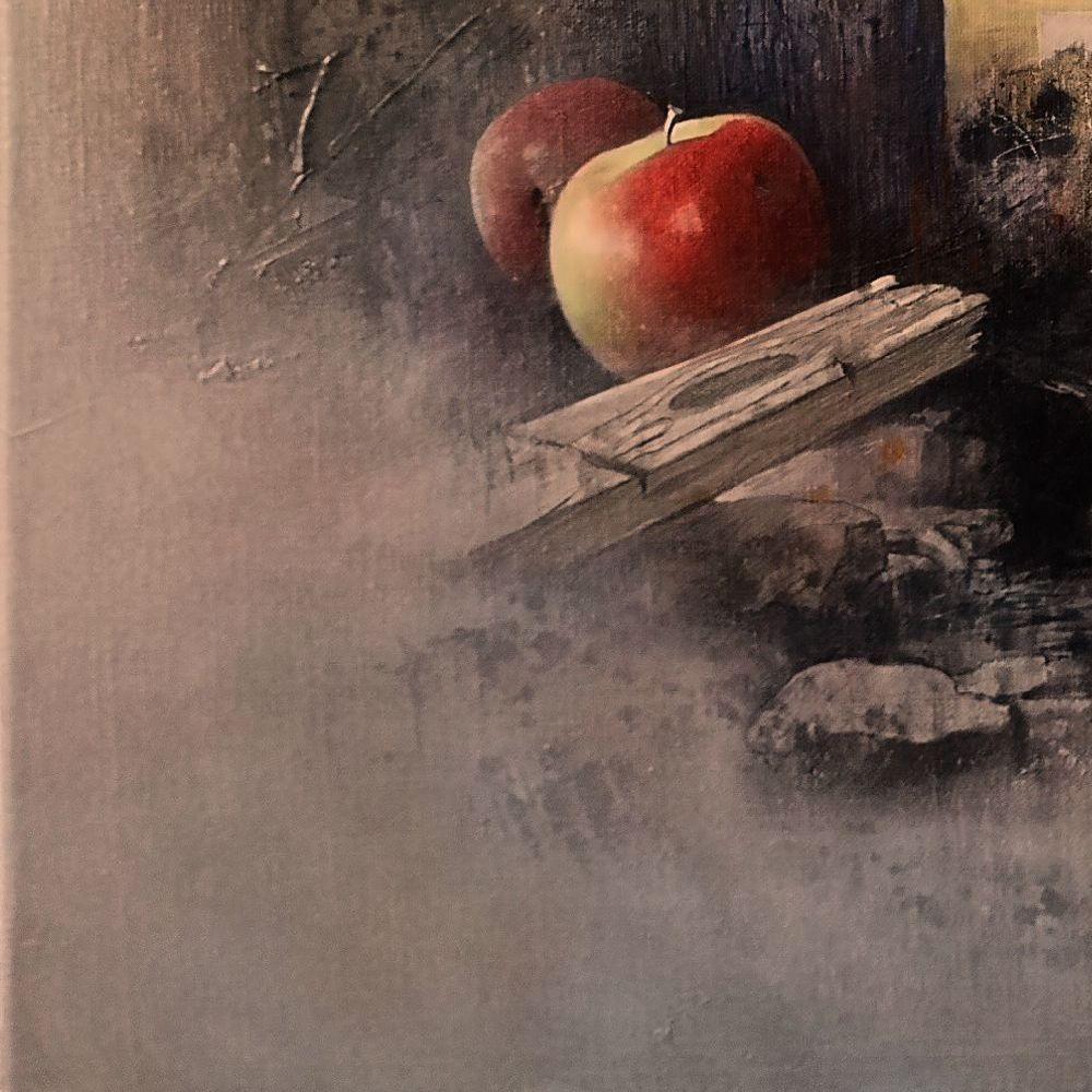 „Yellow Apples Called by the Grace“, poetisches, realistisches Stillleben, Ölgemälde  – Painting von Sylvain Loisant