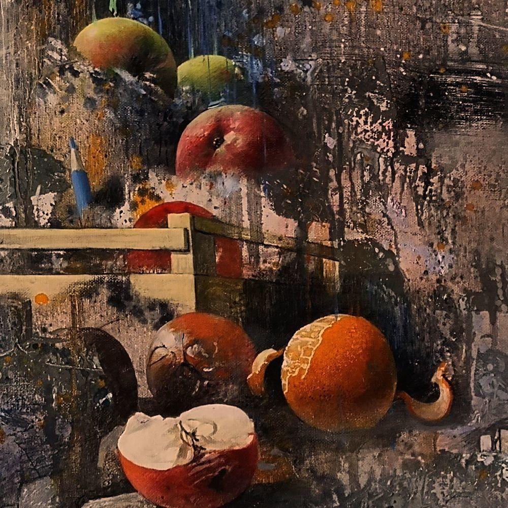 „Yellow Apples Called by the Grace“, poetisches, realistisches Stillleben, Ölgemälde  (Zeitgenössisch), Painting, von Sylvain Loisant