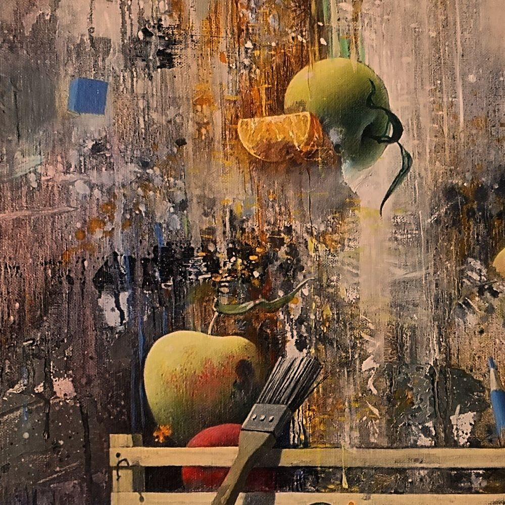 „Yellow Apples Called by the Grace“, poetisches, realistisches Stillleben, Ölgemälde  1