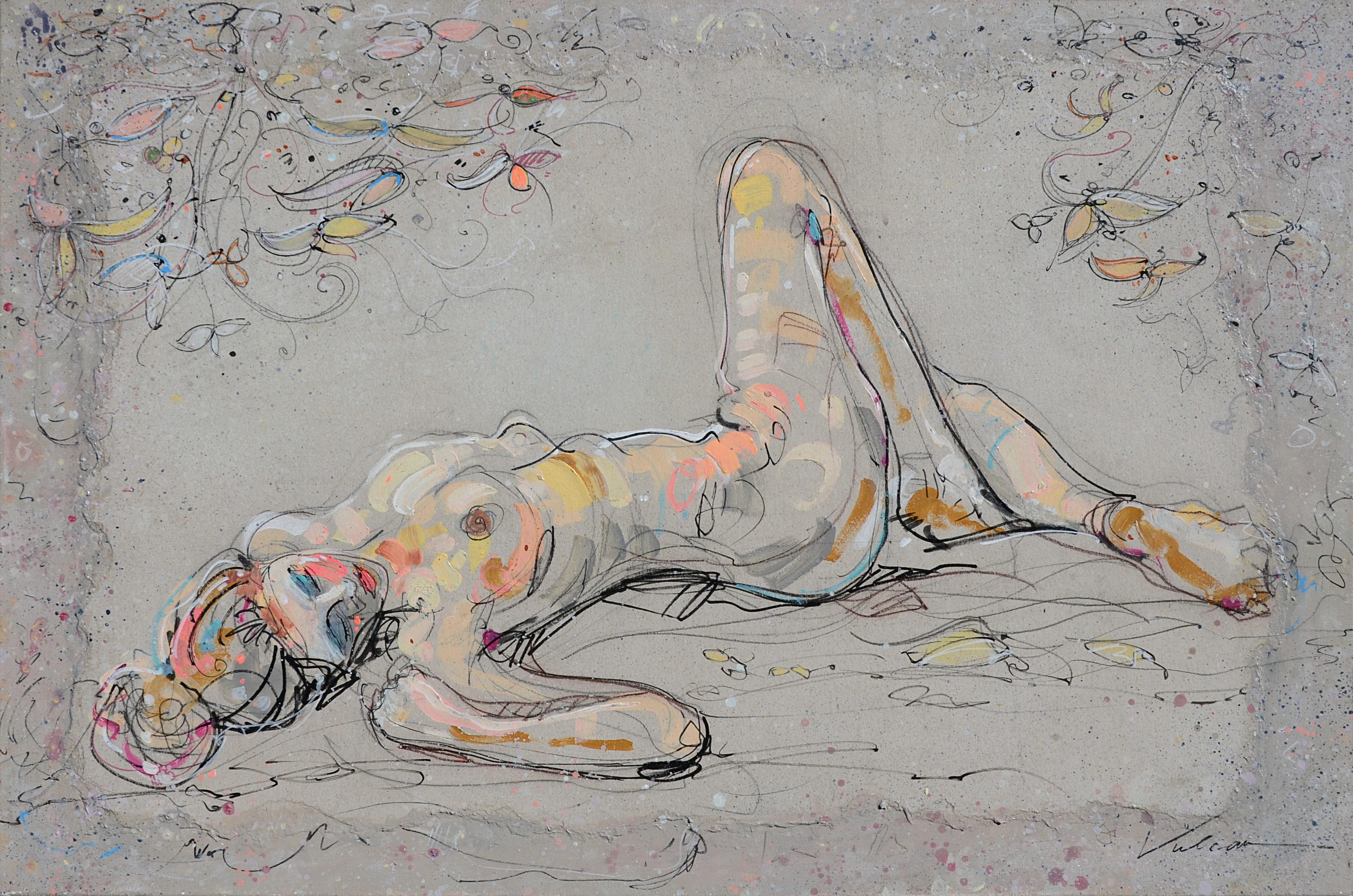 Raluca Vulcan Figurative Painting – ""Repos 7"", Nackte Frau, die mit Blättern liegt und Knie gebogen ist