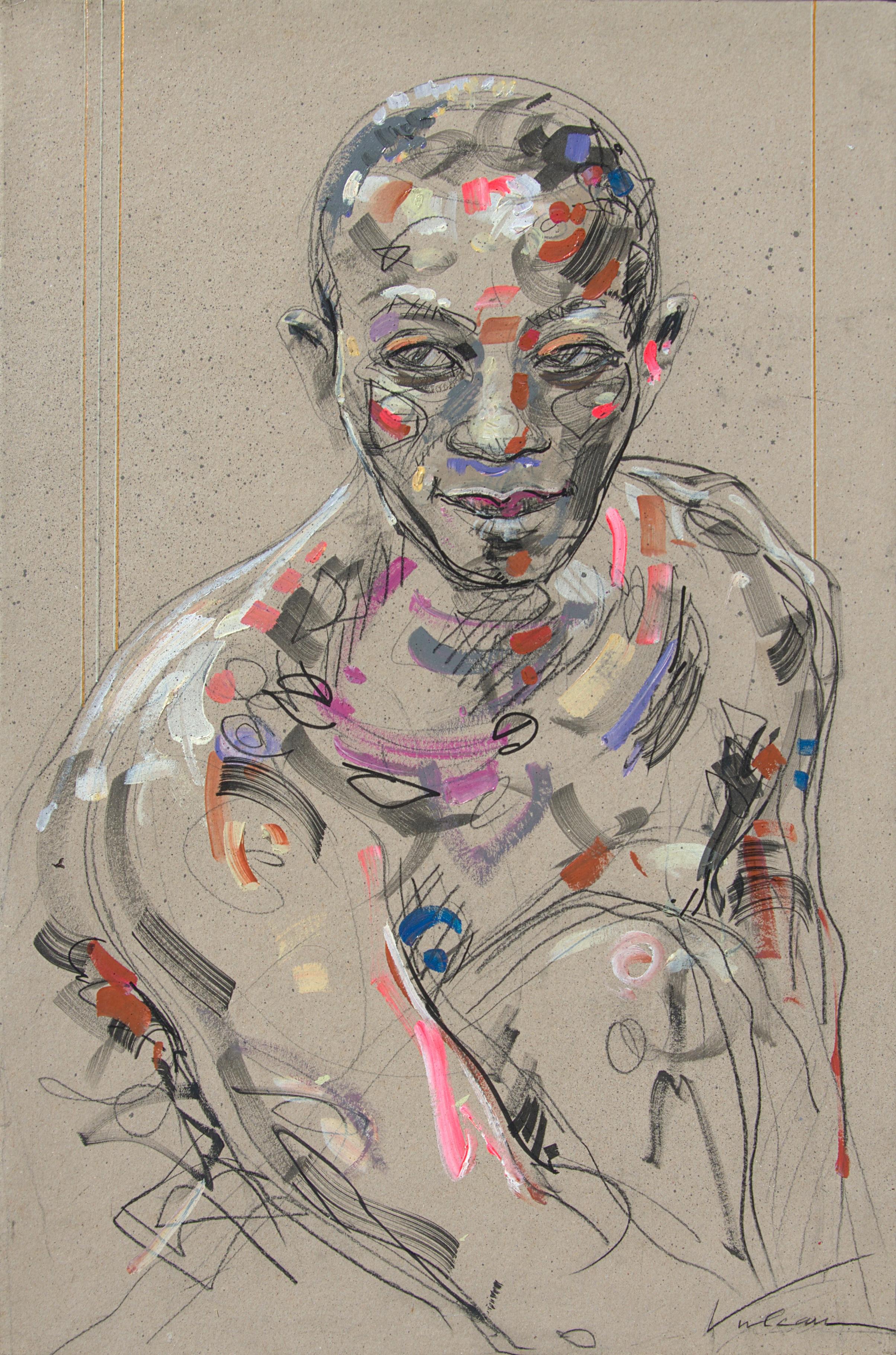 Raluca Vulcan Figurative Painting – ""Emeka", Muscularer, nackt geschorener Baldachin mit gebogenem Knie
