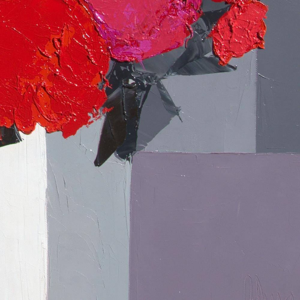 „Red Sparkle“ („roter Glanz“):: roter Blumenstrauß auf grauem Hintergrund:: Ölgemälde 2