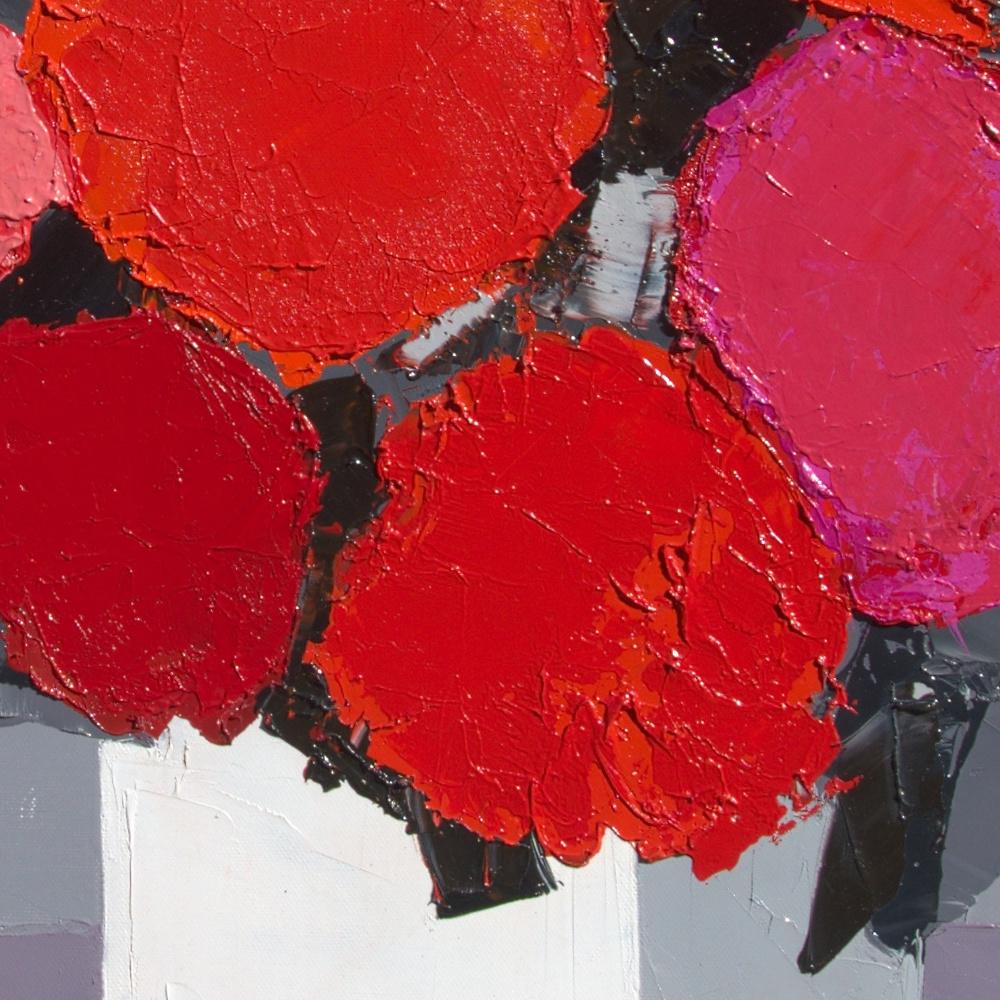 „Red Sparkle“ („roter Glanz“):: roter Blumenstrauß auf grauem Hintergrund:: Ölgemälde 3