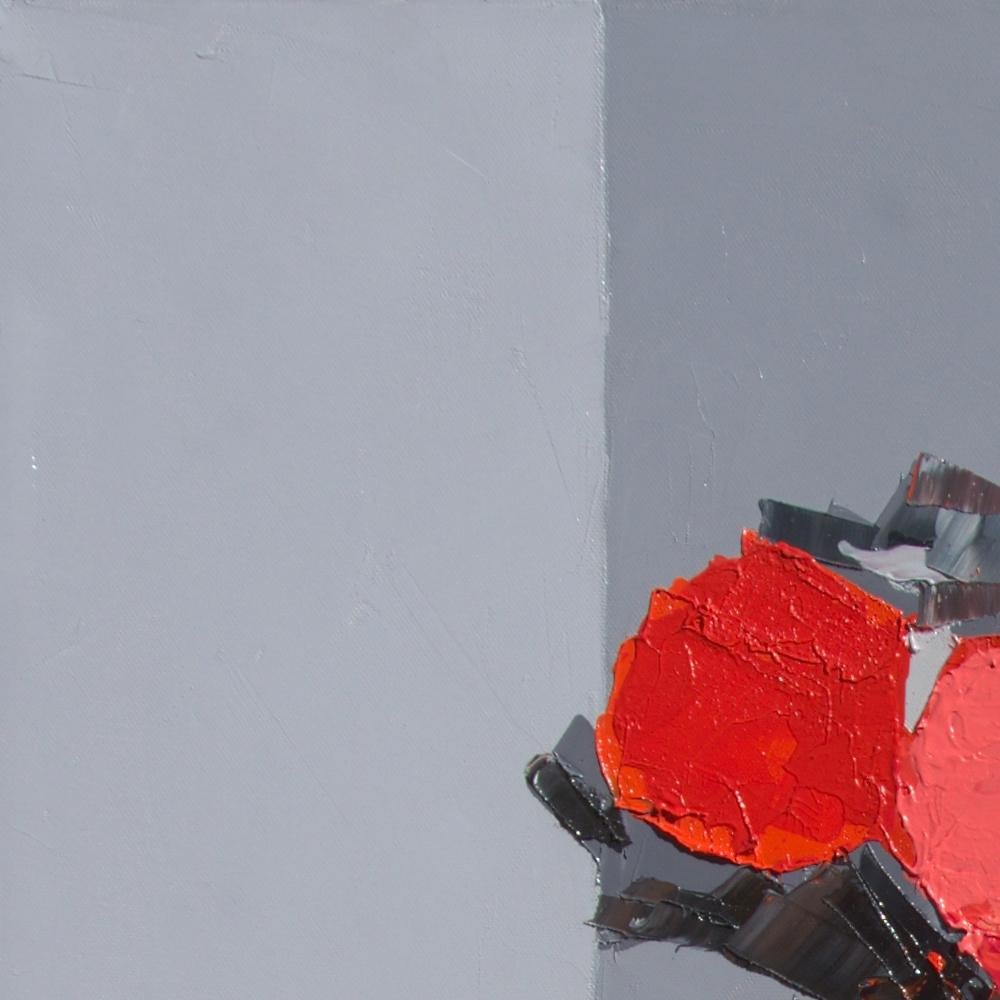 „Red Sparkle“ („roter Glanz“):: roter Blumenstrauß auf grauem Hintergrund:: Ölgemälde 11