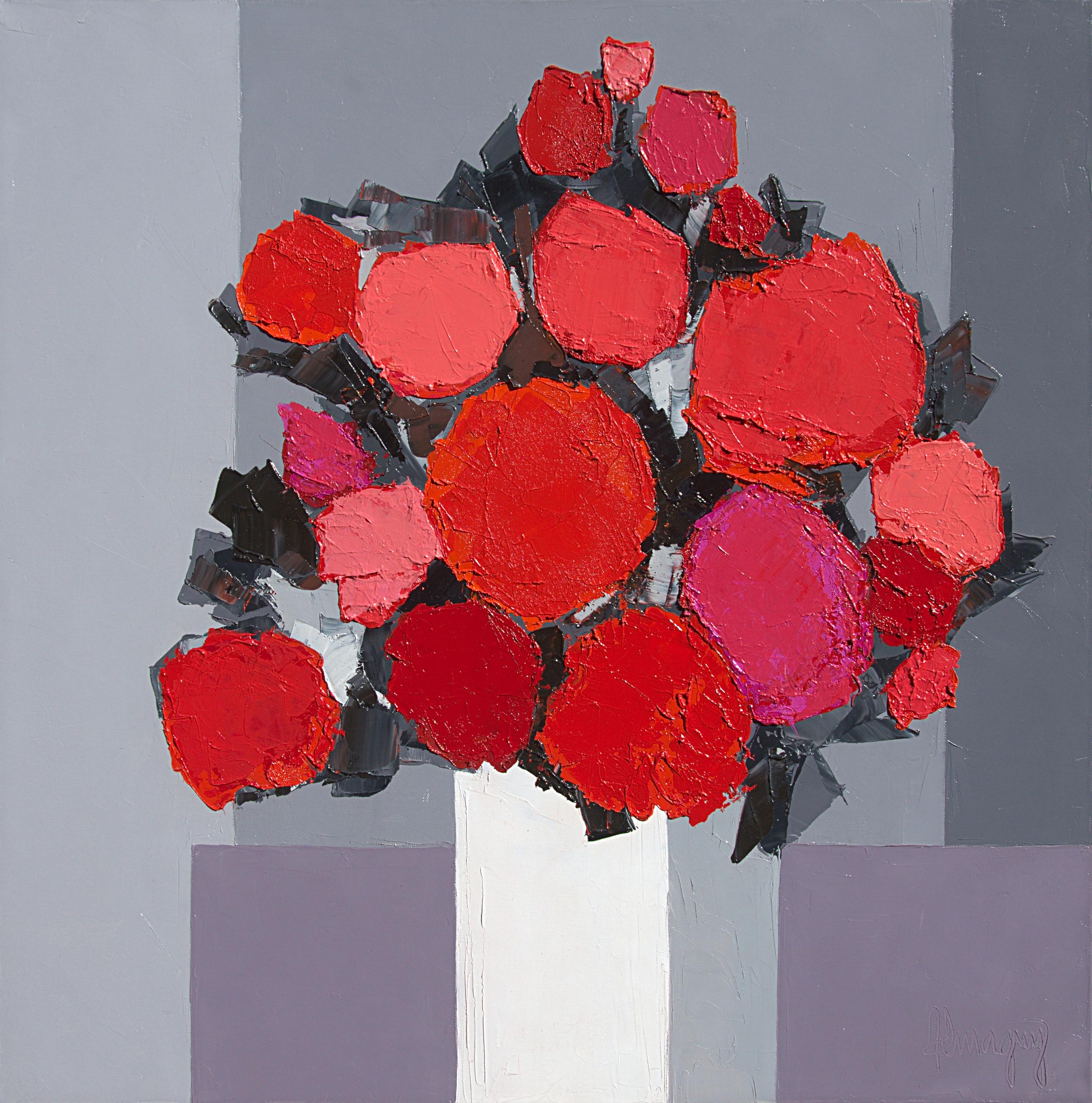 Marcel Demagny Figurative Painting – „Red Sparkle“ („roter Glanz“):: roter Blumenstrauß auf grauem Hintergrund:: Ölgemälde