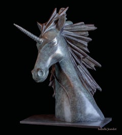 "L'Unicorno", busto di un unicorno cavalcato da una fata Scultura in bronzo