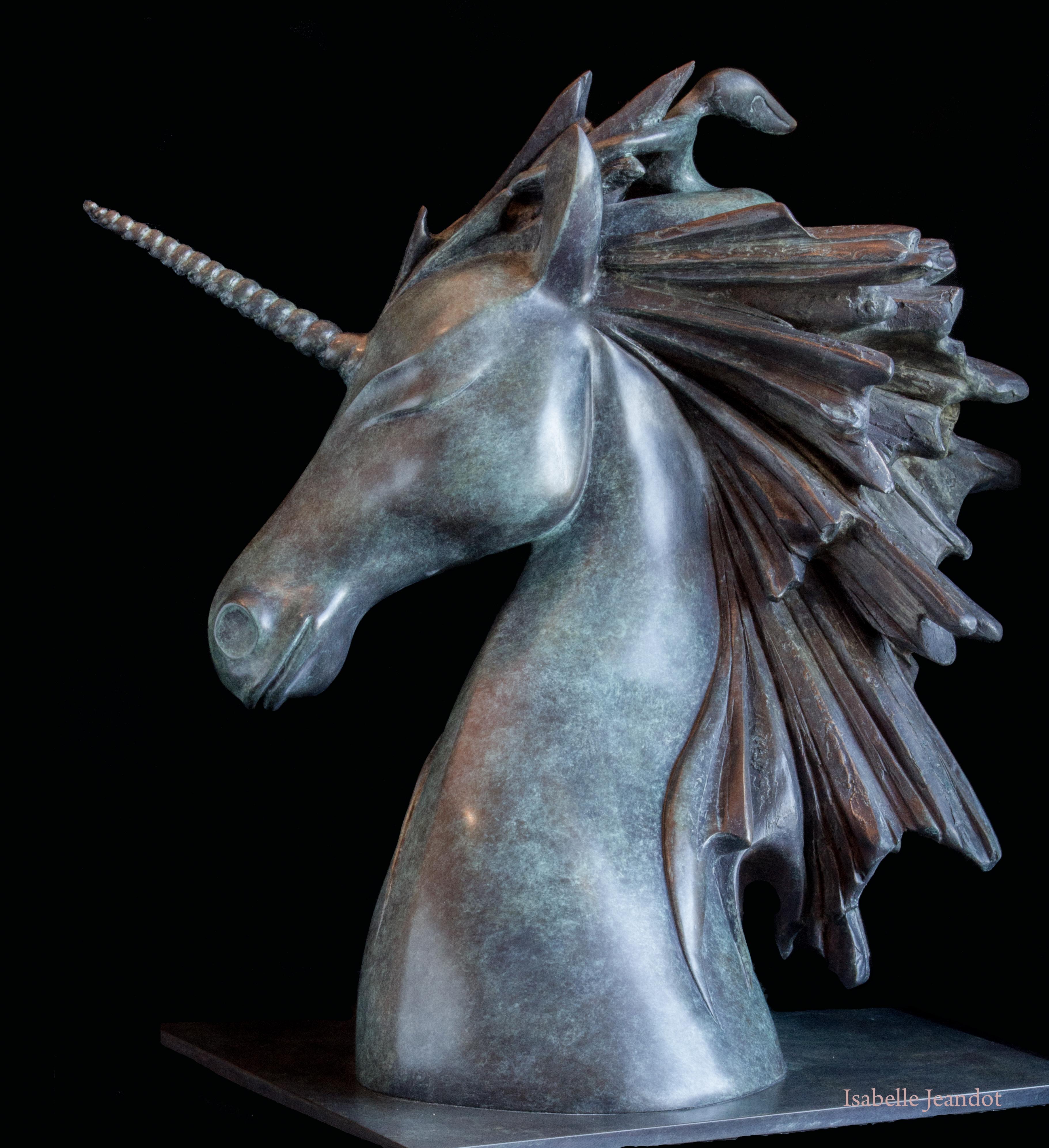 „Das Einhorn“:: Büste eines Einhorns:: geritten von einer herrlichen Bronzeskulptur (Zeitgenössisch), Sculpture, von Isabelle Jeandot