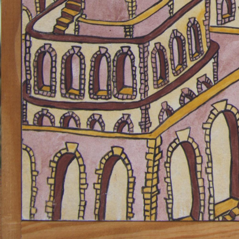 Countless Stairs, Walls, Windows and Arks in Light Brown Shades Small Gouache 11