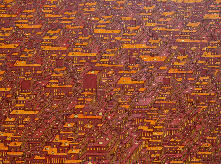 Jean-Marc Boissy Abstract Painting - "Twilight", Red Orange Overcrowded City Kasbah-like Constructions Oil Painting