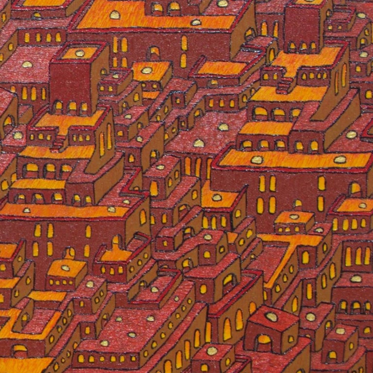 This artwork is another meticulous painting of a gigantic Kasbah-like city. Paradoxically, although Jean-Marc Boissy paintings feature overcrowded worlds, the viewer is not distracted by people since Boissy doesn't depict them, and it is actually