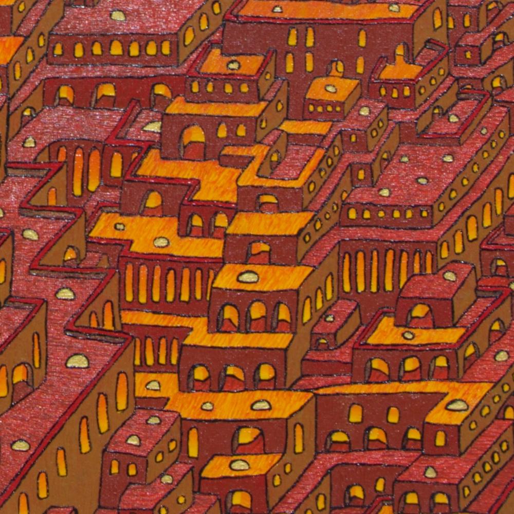 This artwork is another meticulous painting of a gigantic Kasbah-like city. Paradoxically, although Jean-Marc Boissy paintings feature overcrowded worlds, the viewer is not distracted by people since Boissy doesn't depict them, and it is actually