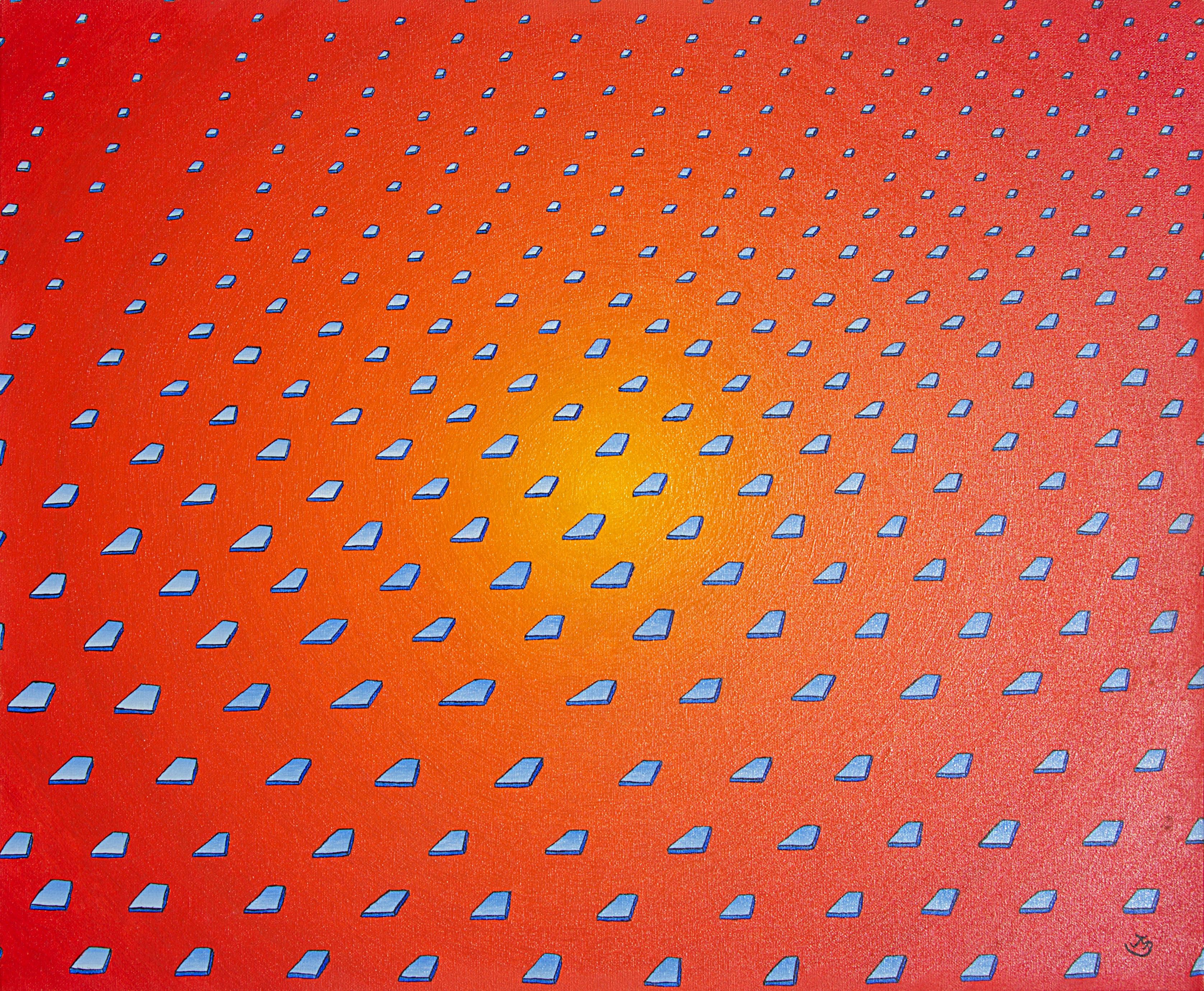 "Without a Net", Floating Glass Tiles on a Radial Orange Gradient Oil Painting