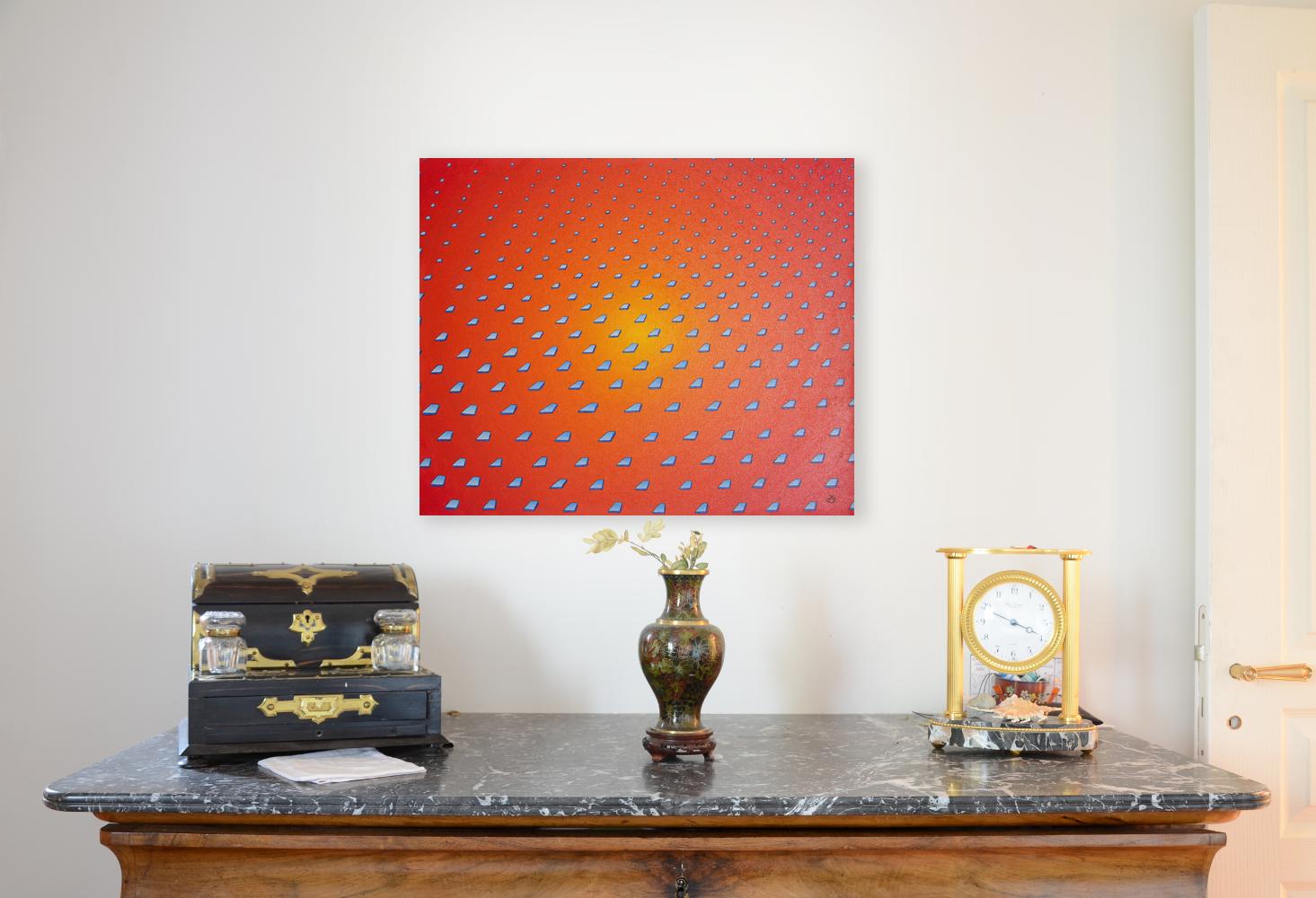 « Sans filet », carreaux de verre flottants sur une peinture à l'huile de gradient orange radial - Painting de Jean-Marc Boissy
