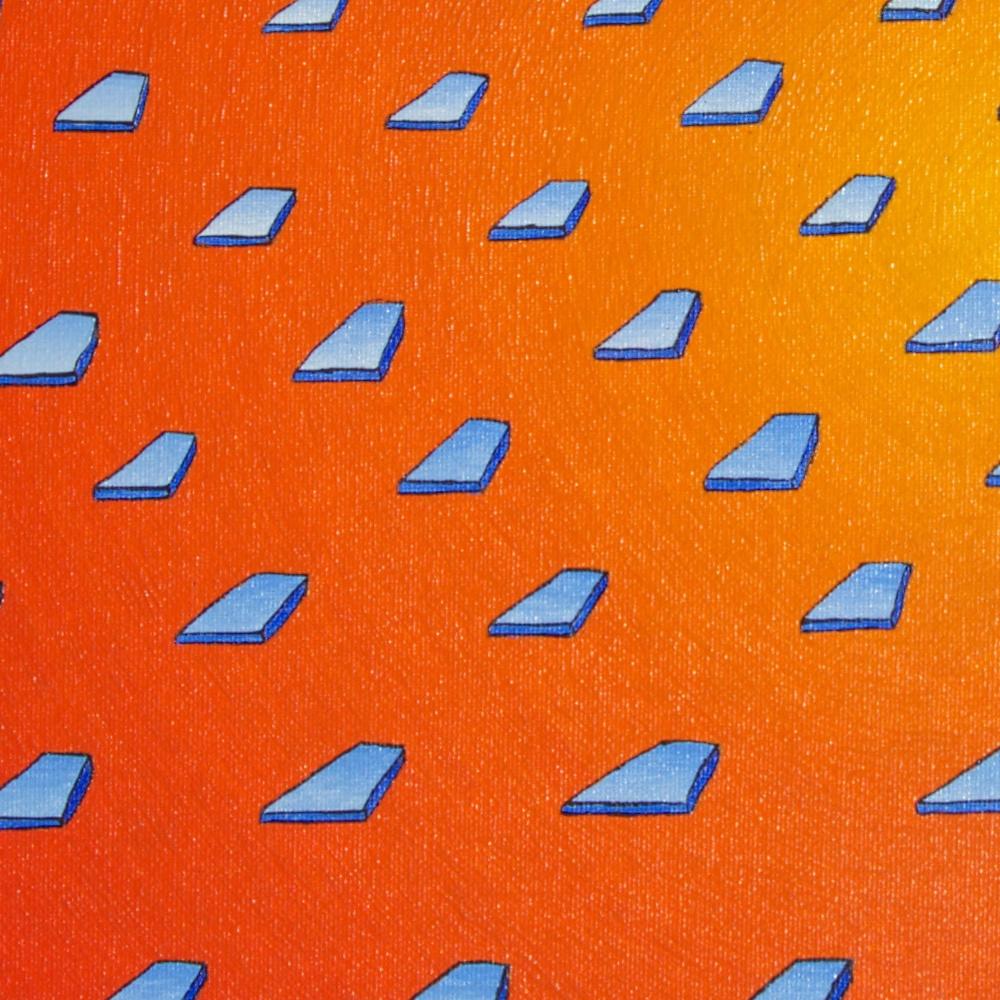 This artwork is almost at the intersection between geometrical art, optical art and surrealism. It features a number of what appears to be blue or transparent glass tiles, floating arranged in a quincunx pattern, on top of an orange background