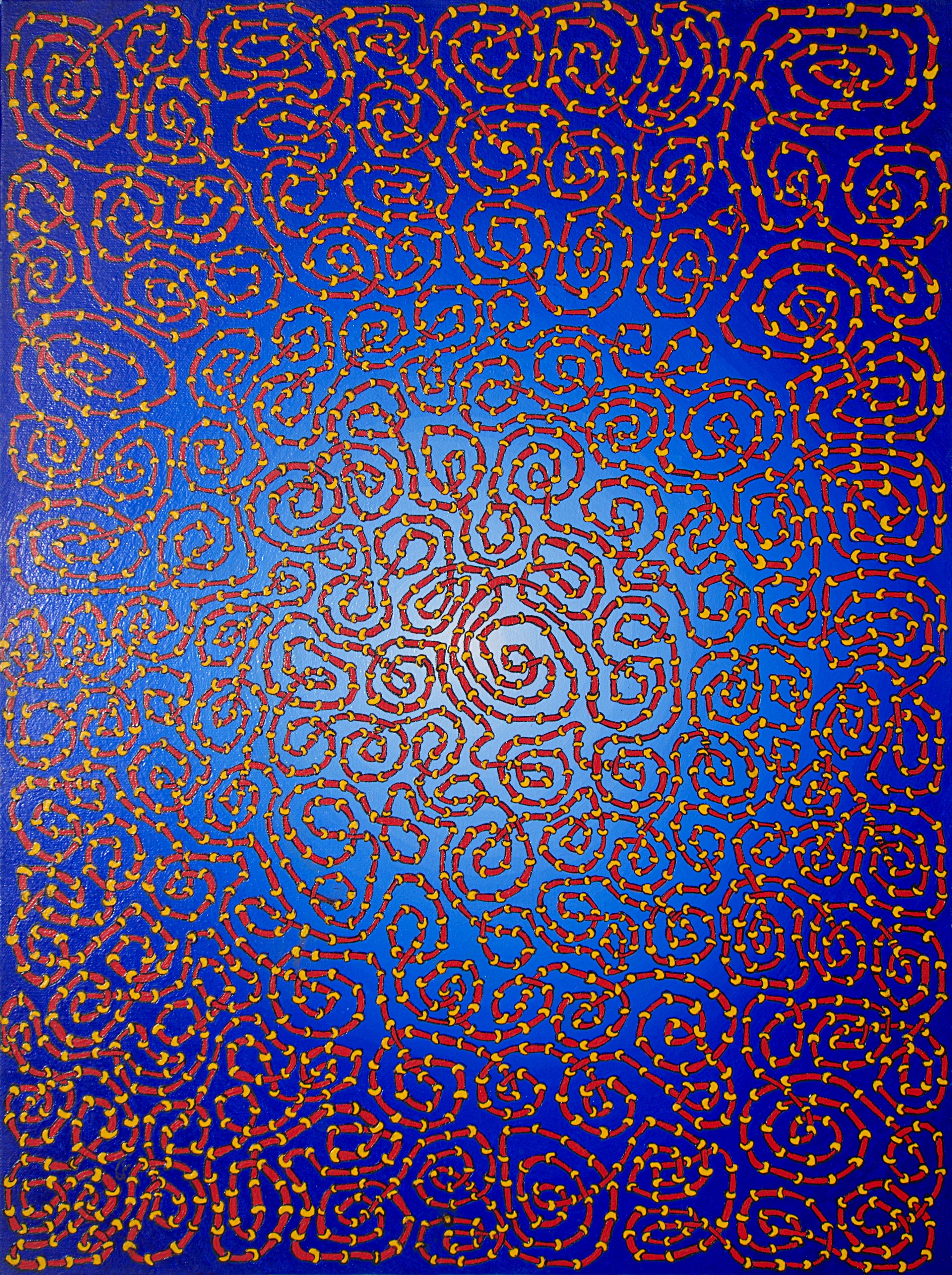 Infinite Tangled Red and Yellow Pipes on Radial Blue Gradient Oil Painting