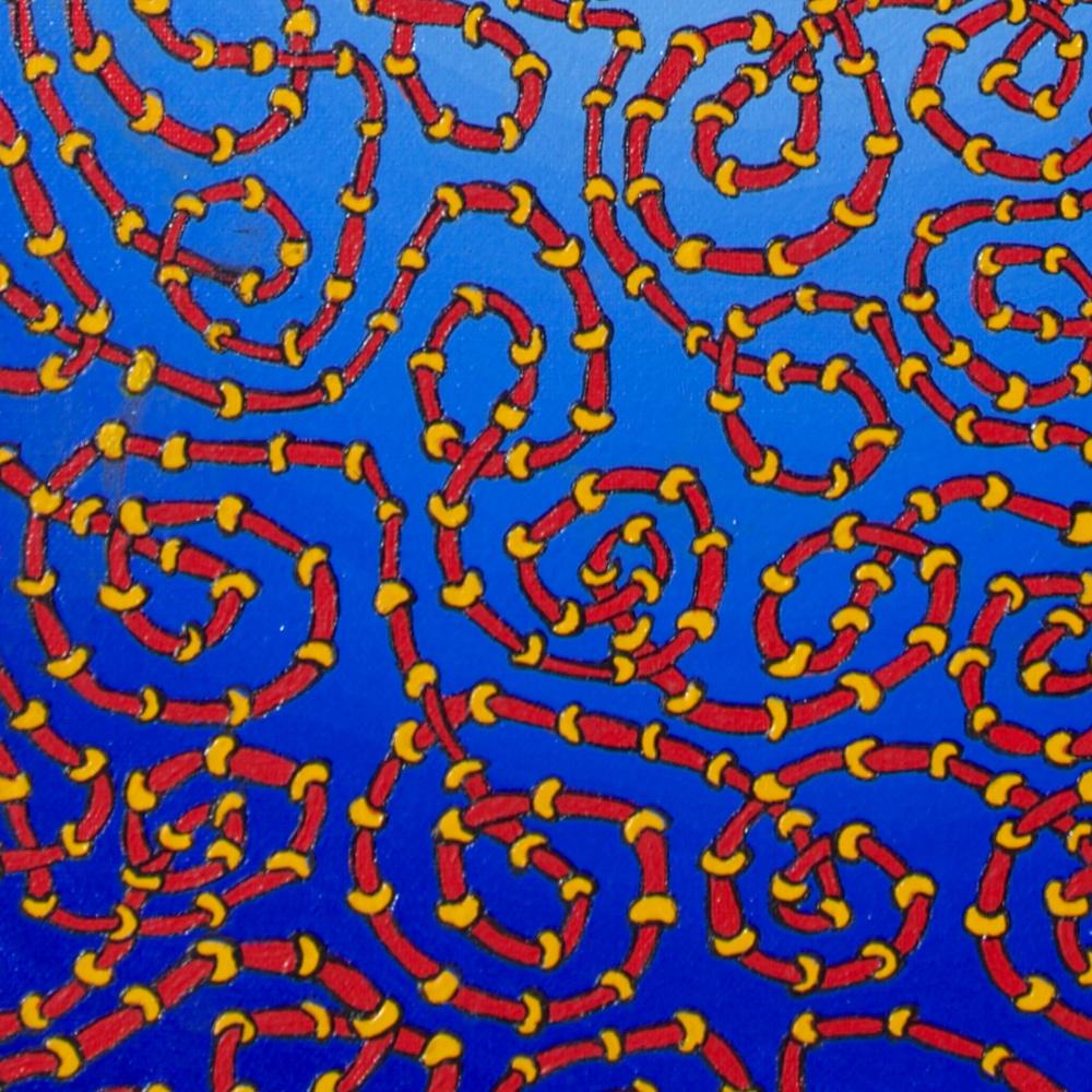 Infinite verschnörkelte rote und gelbe Pfeifen auf radialblauem Ölgemälde (Zeitgenössisch), Painting, von Jean-Marc Boissy