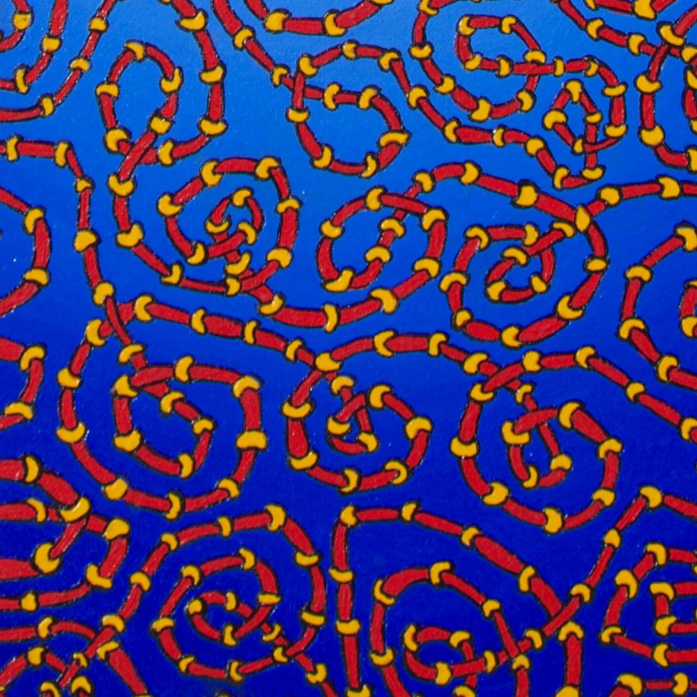 Infinite verschnörkelte rote und gelbe Pfeifen auf radialblauem Ölgemälde (Blau), Abstract Painting, von Jean-Marc Boissy