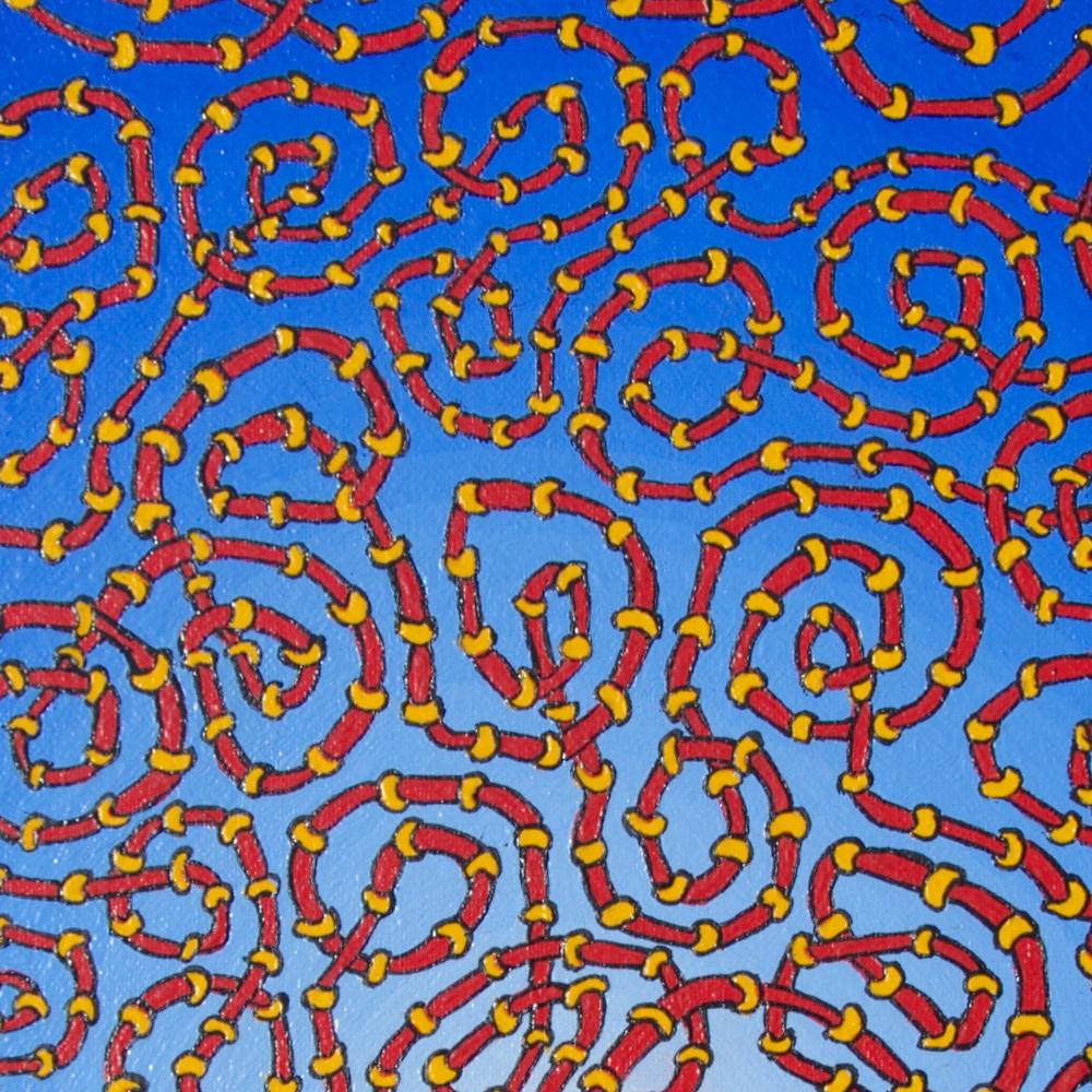 Dieses Kunstwerk zeigt ein (oder mehrere ?) sehr lange Rohre, die in Spiralmotiven verschlungen sind, auf einem tiefblauen Hintergrund, der in der Mitte der Leinwand zu einem fast weißen Blau abfällt.

Dieses Stück ist nicht gerahmt.

Jean-Marc