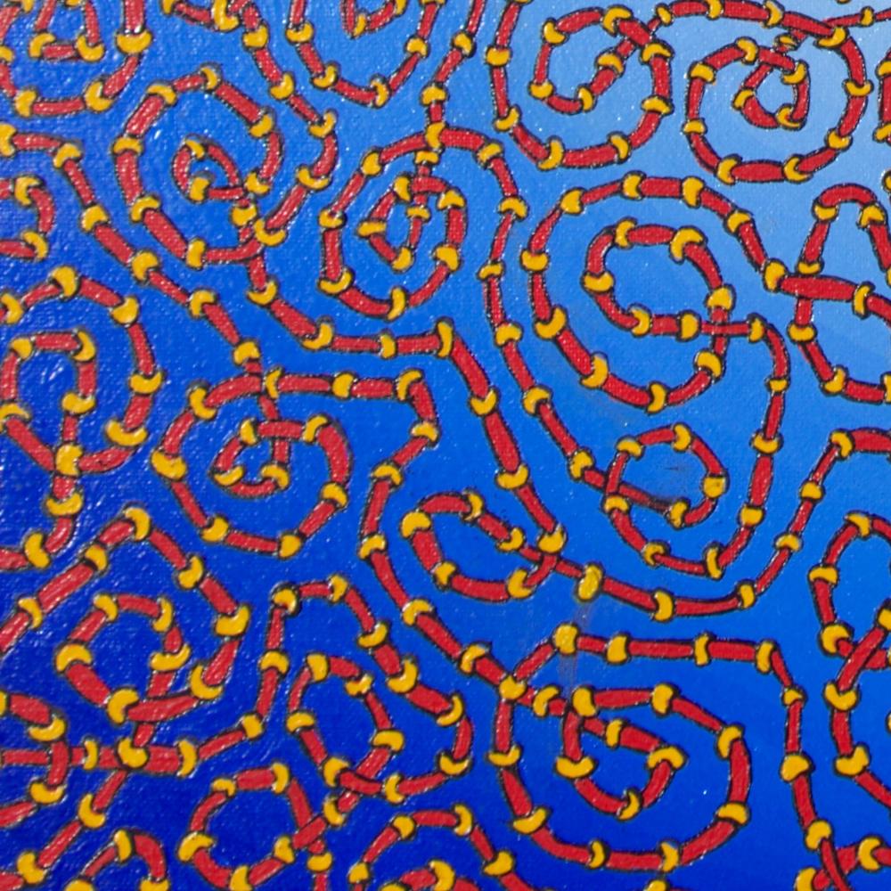 Infinite Tangled Red and Yellow Pipes on Radial Blue Gradient Oil Painting For Sale 4
