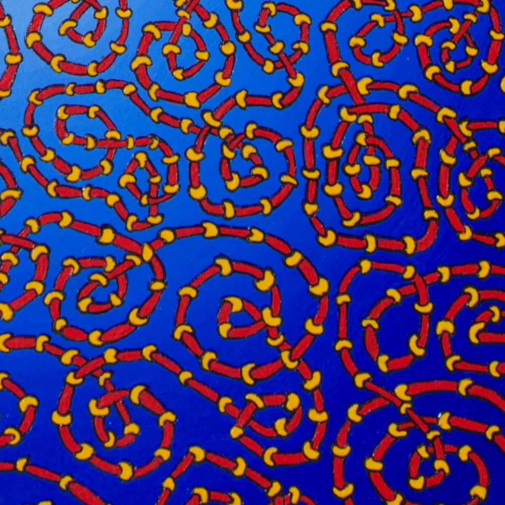 Infinite Tangled Red and Yellow Pipes on Radial Blue Gradient Oil Painting For Sale 5