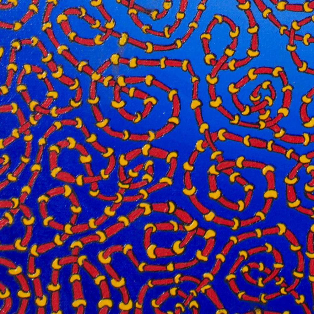 Infinite Tangled Red and Yellow Pipes on Radial Blue Gradient Oil Painting For Sale 6