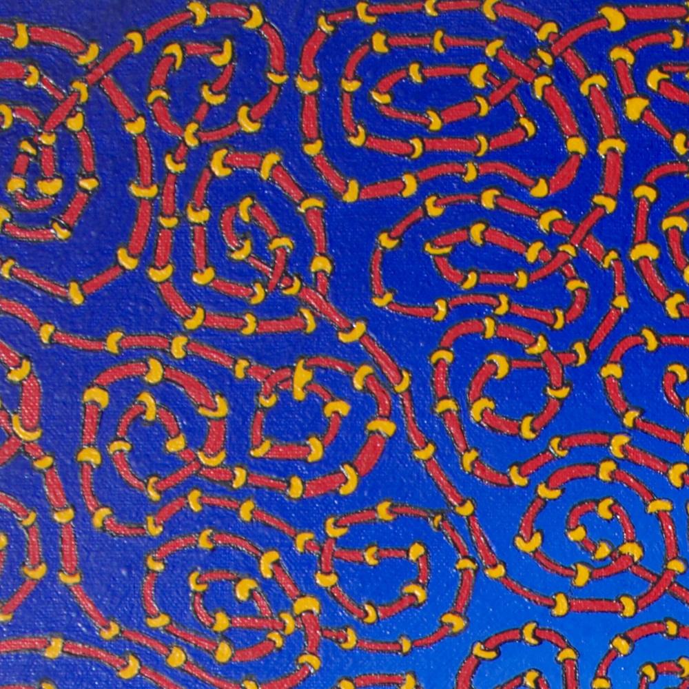 Infinite Tangled Red and Yellow Pipes on Radial Blue Gradient Oil Painting For Sale 7