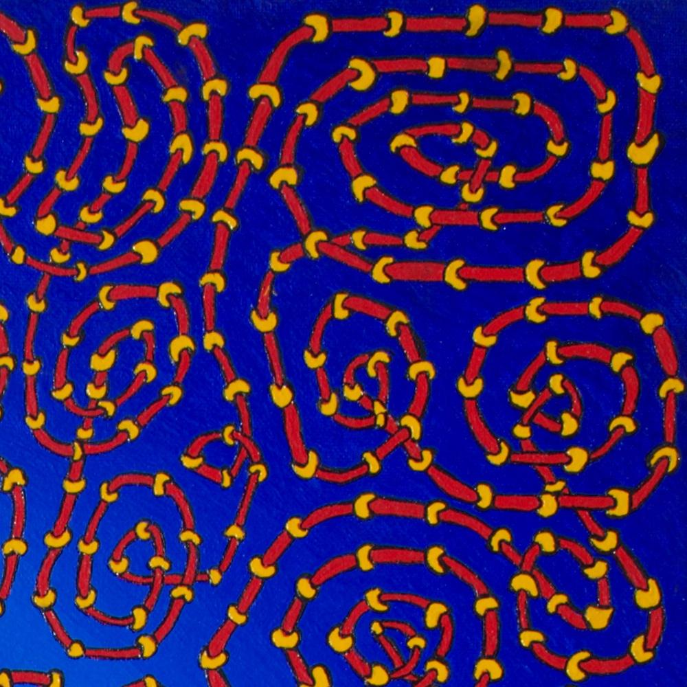 Infinite Tangled Red and Yellow Pipes on Radial Blue Gradient Oil Painting For Sale 8