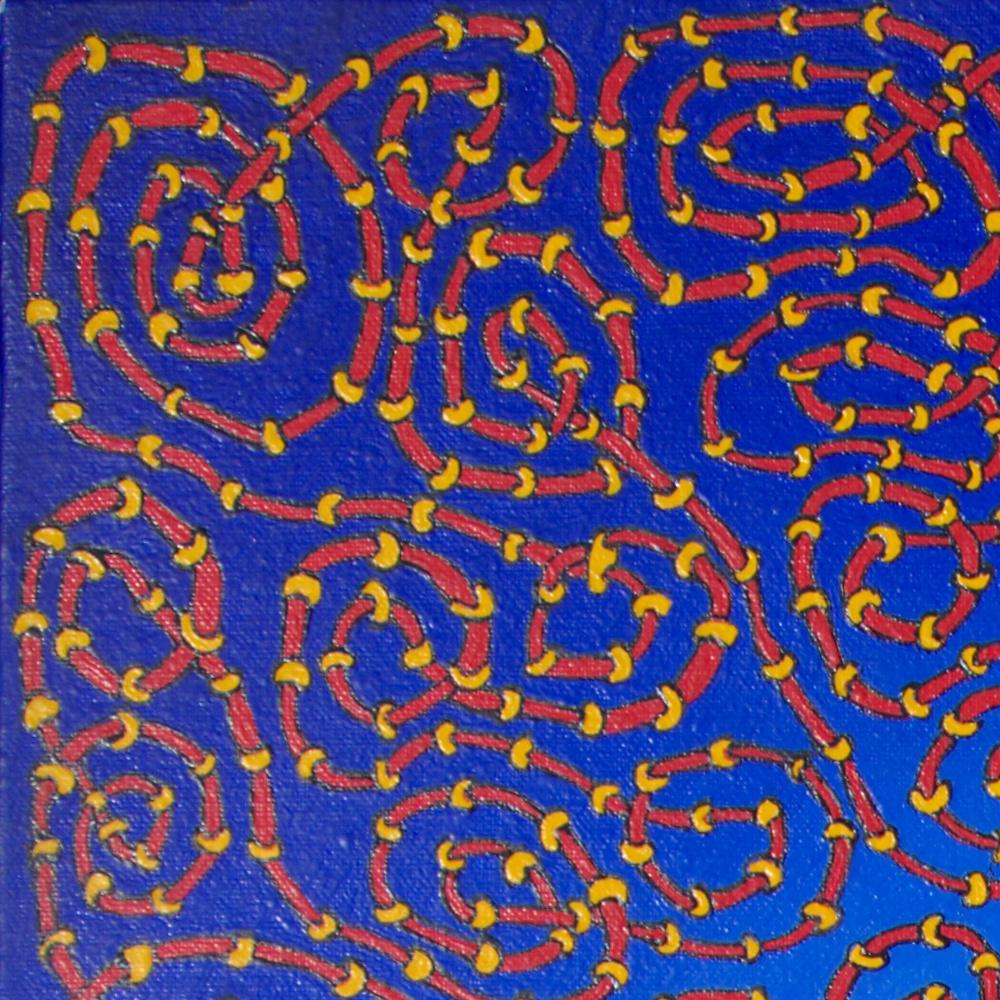 Infinite Tangled Red and Yellow Pipes on Radial Blue Gradient Oil Painting For Sale 9