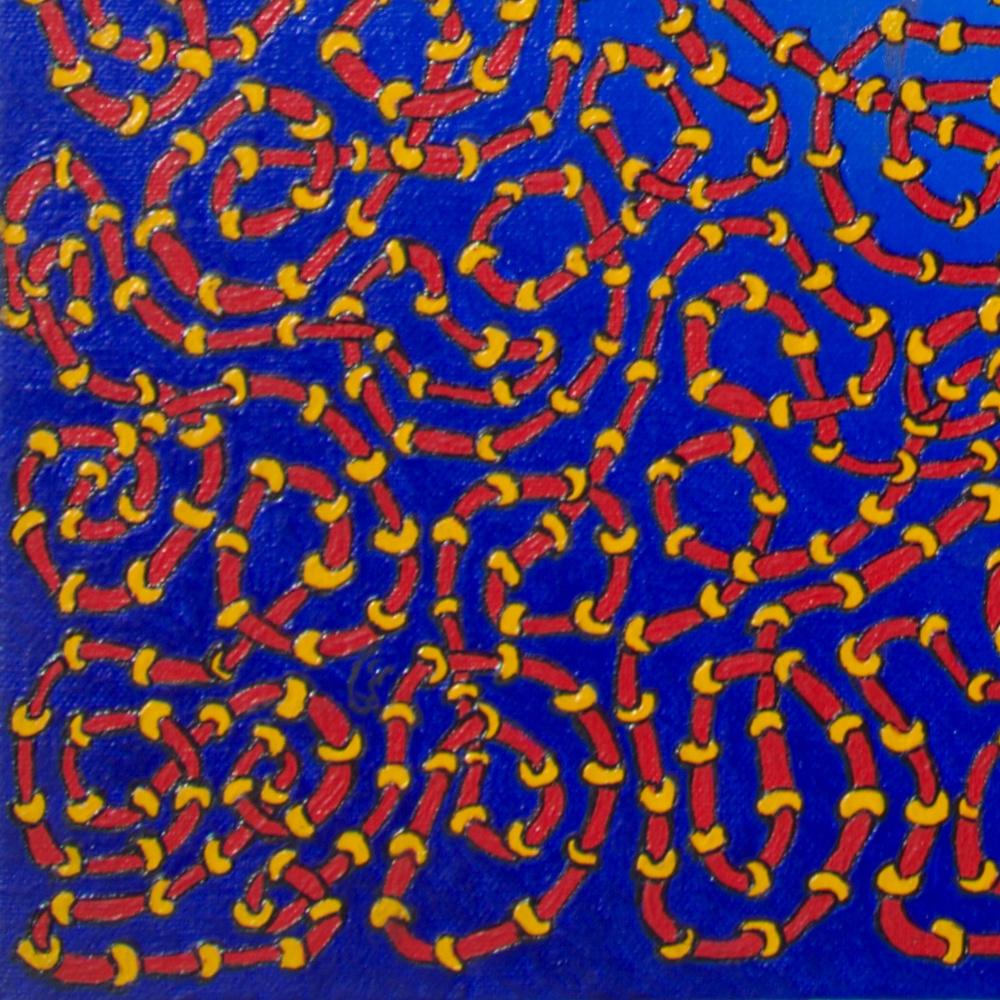 Infinite Tangled Red and Yellow Pipes on Radial Blue Gradient Oil Painting For Sale 10