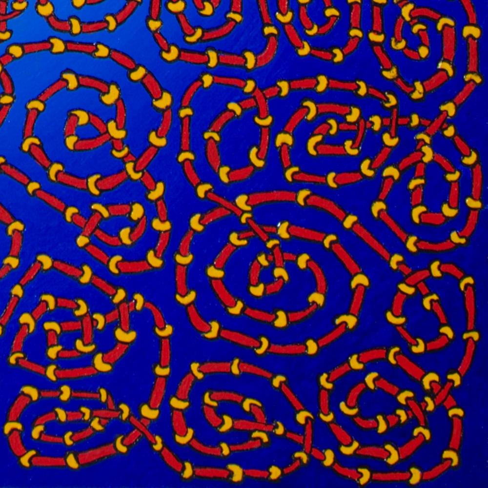 Infinite Tangled Red and Yellow Pipes on Radial Blue Gradient Oil Painting For Sale 11