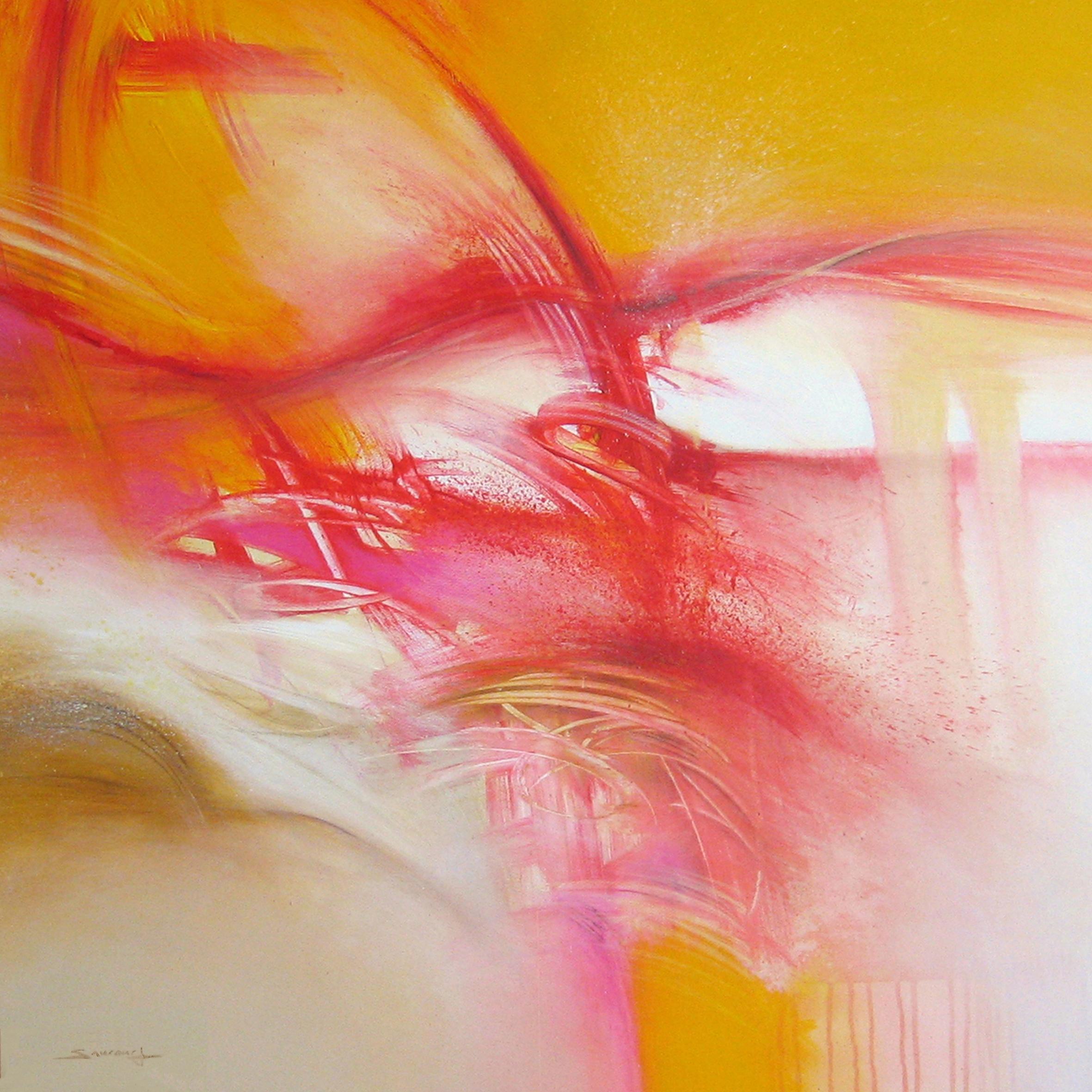 Abstract Painting Philippe Saucourt - « Paysage dans le mouvement », peinture abstraite rouge doré et rose