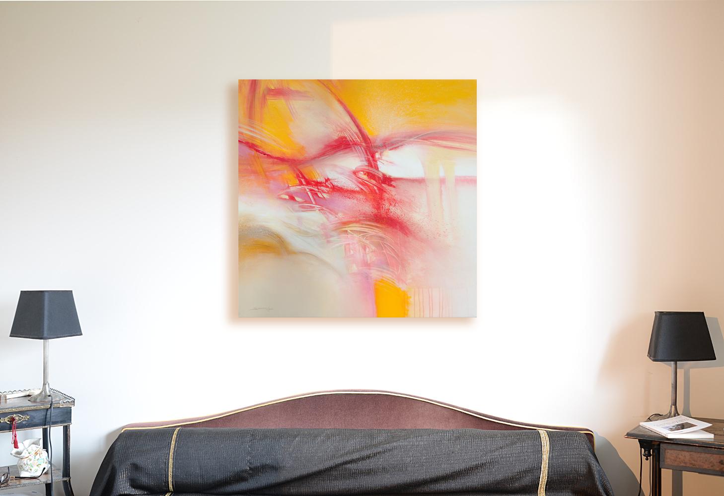 « Paysage dans le mouvement », peinture abstraite rouge doré et rose - Painting de Philippe Saucourt
