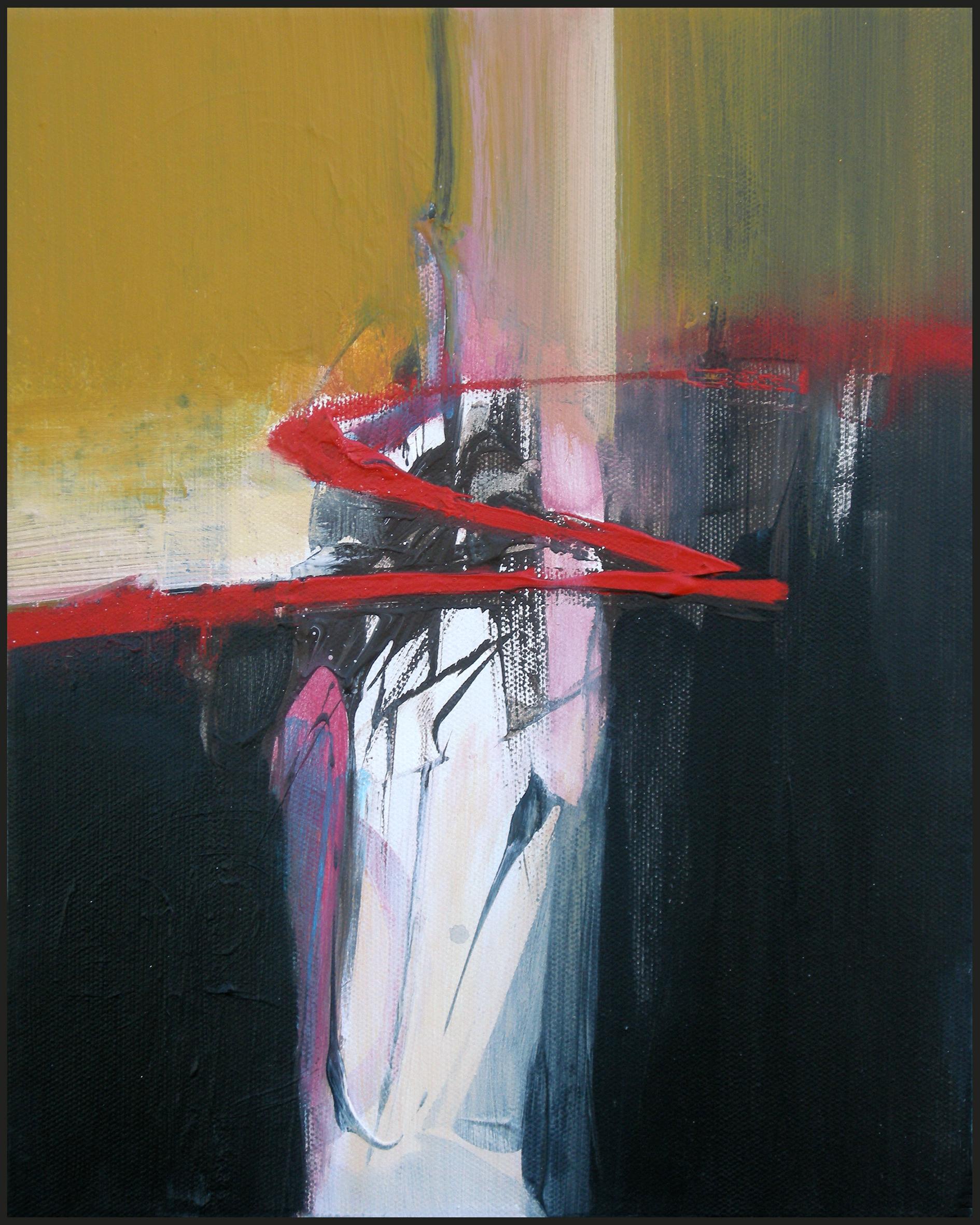 Philippe Saucourt Abstract Painting - "Red sign" Golden Red Black and White Abstract Acrylic Painting