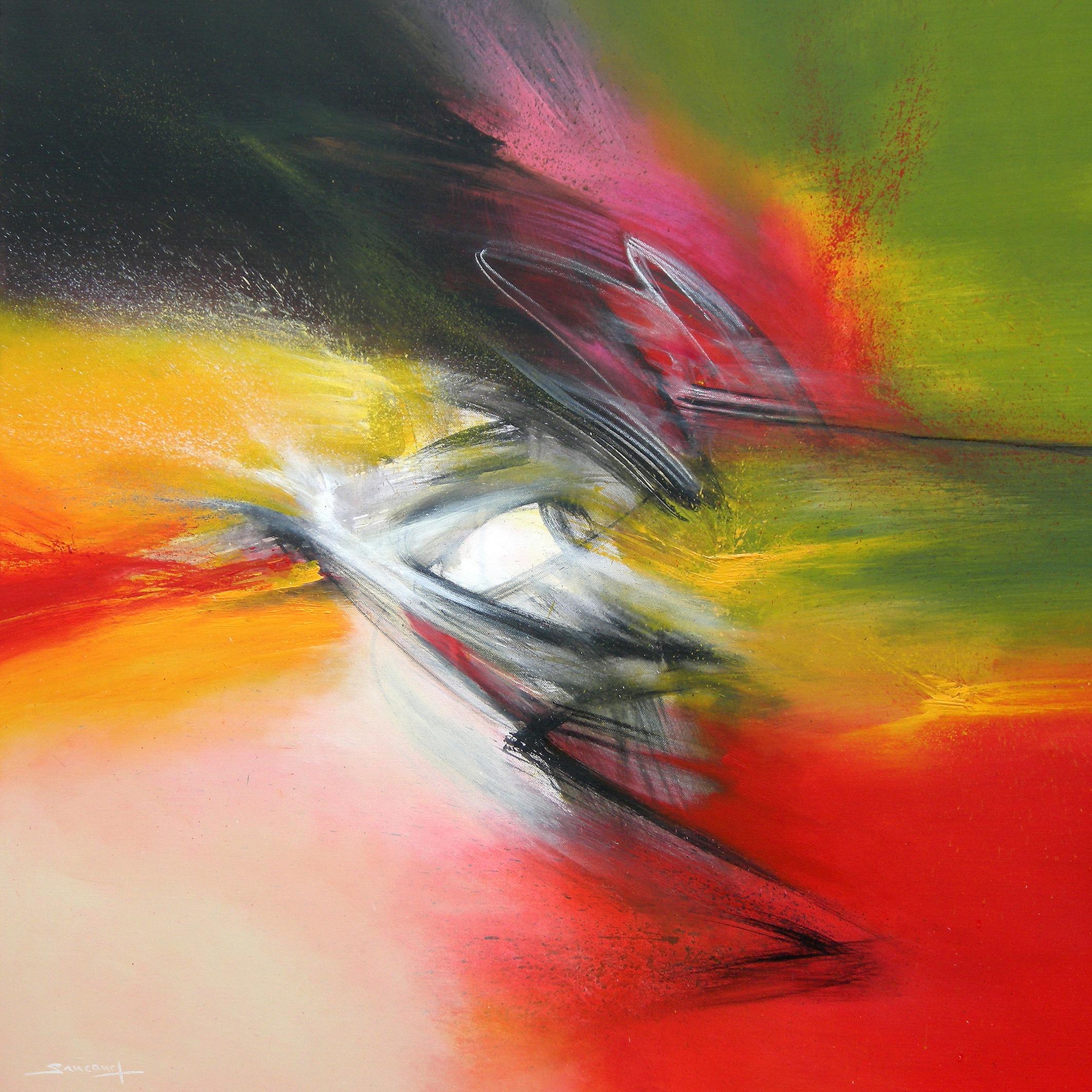 Abstract Painting Philippe Saucourt - Peinture abstraite jaune, verte, rose, rouge et noire « Flamboyant »