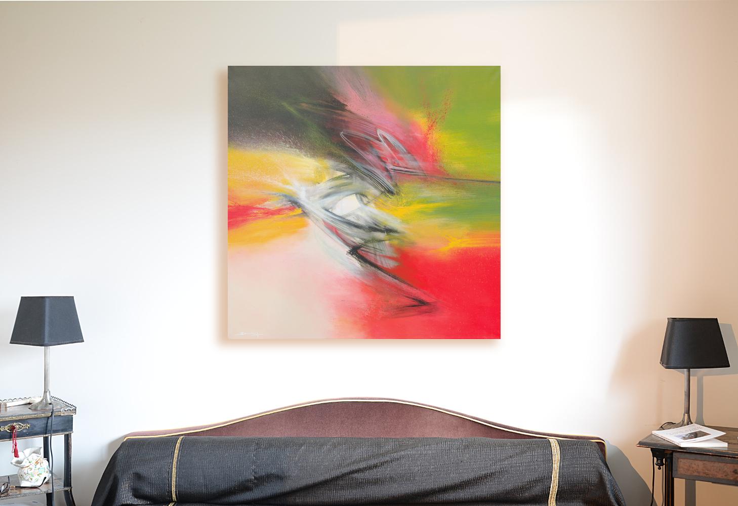 Peinture abstraite jaune, verte, rose, rouge et noire « Flamboyant » - Painting de Philippe Saucourt