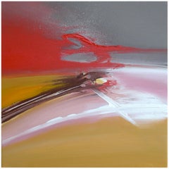 Peinture abstraite rouge, grise, rose et dorée « At Full Speed »