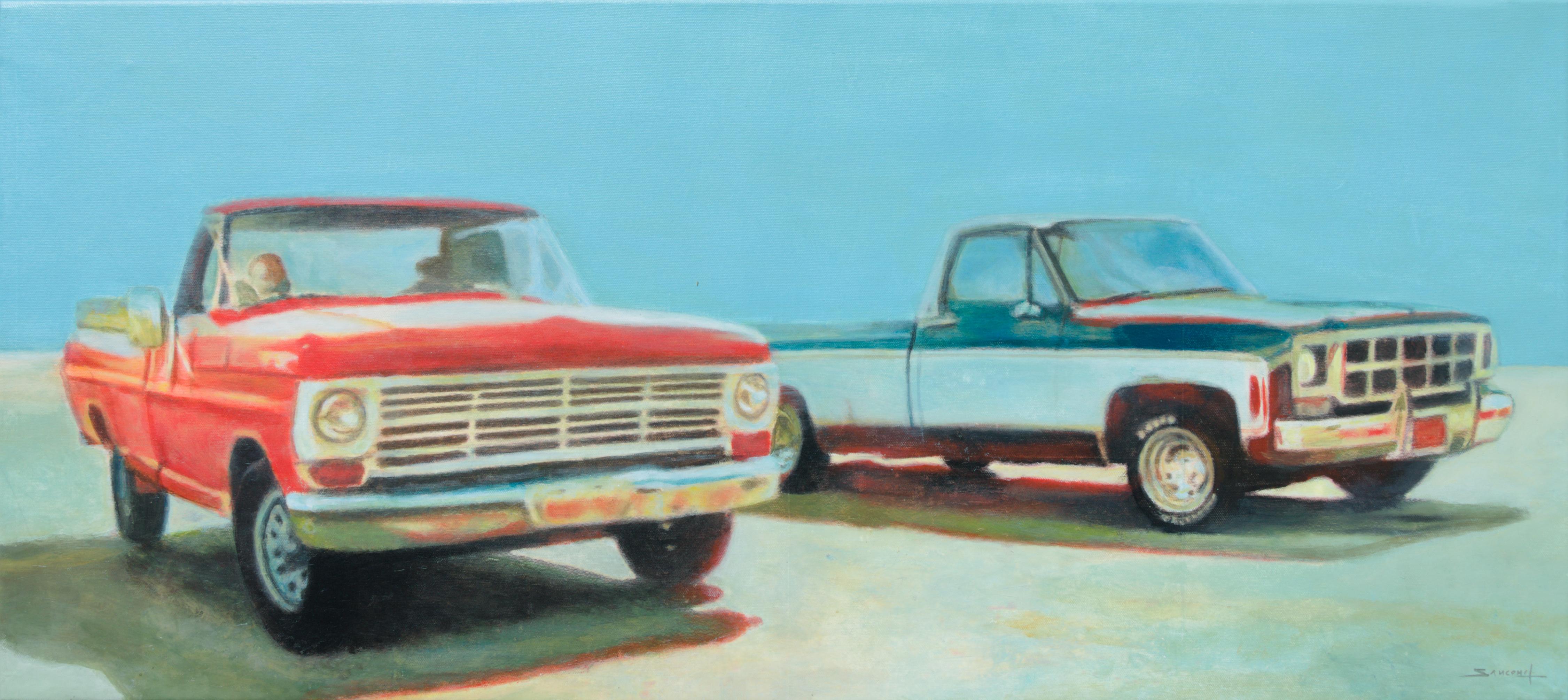 „Duo“, Paar rote und zweifarbige blau-weiße Ford F100 Pickups aus der 5. Generation (Realismus), Mixed Media Art, von Philippe Saucourt