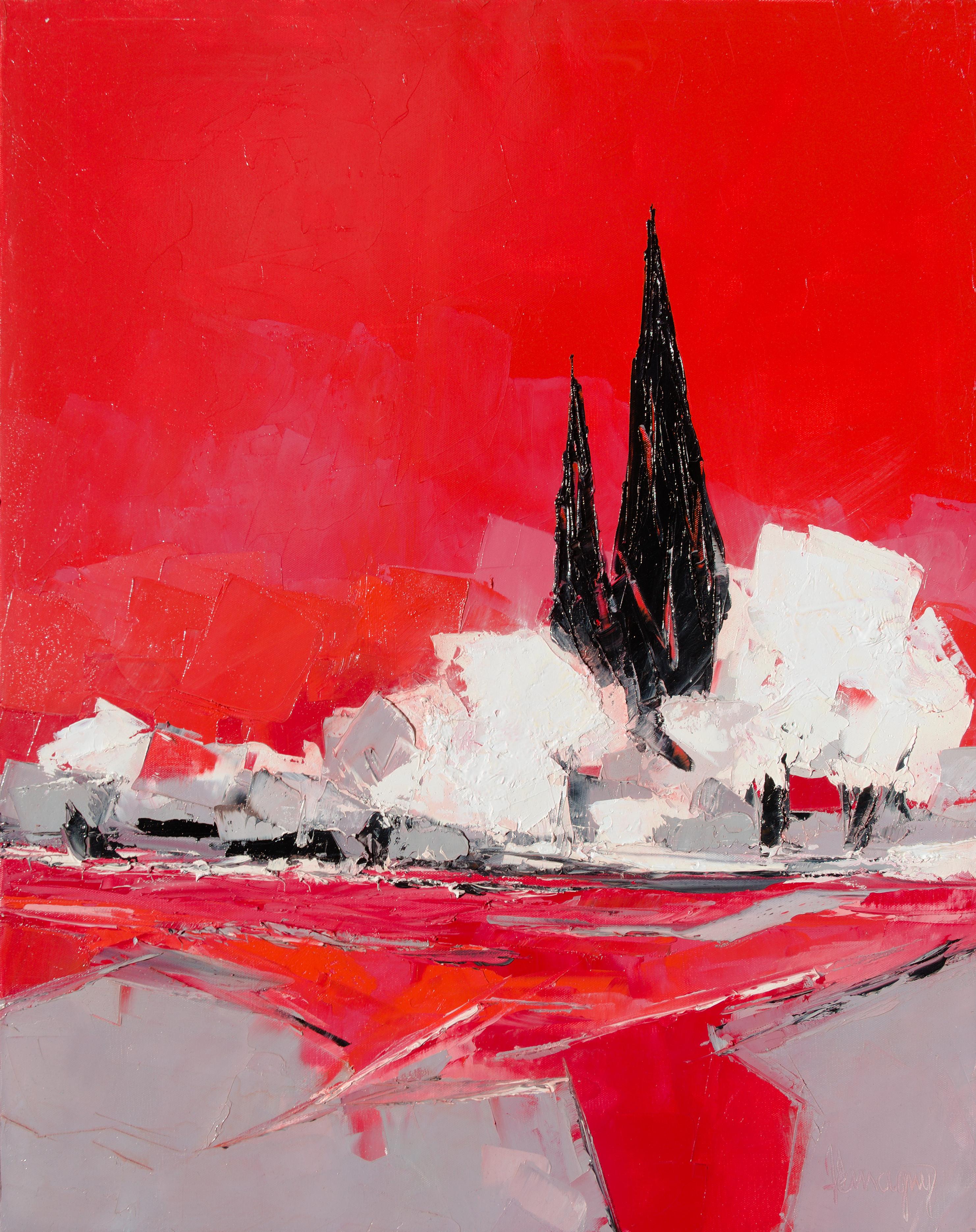 Landscape Painting Marcel Demagny - Peinture à l'huile « Printemps » (« Printtemps »), arbres blancs et paysage de cyprès rouges