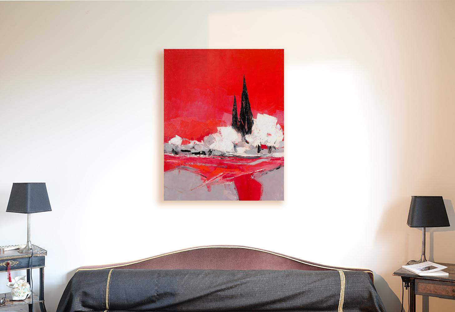 Peinture à l'huile « Printemps » (« Printtemps »), arbres blancs et paysage de cyprès rouges - Painting de Marcel Demagny