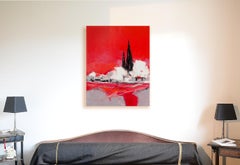 "Spring" ("Printemps"), White Trees and Black Cypress Red Lanscape Oil Painting