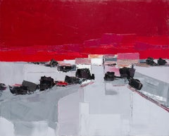 "Towards the village" ("Vers le village") Dark Red & Grey Landscape Oil Painting
