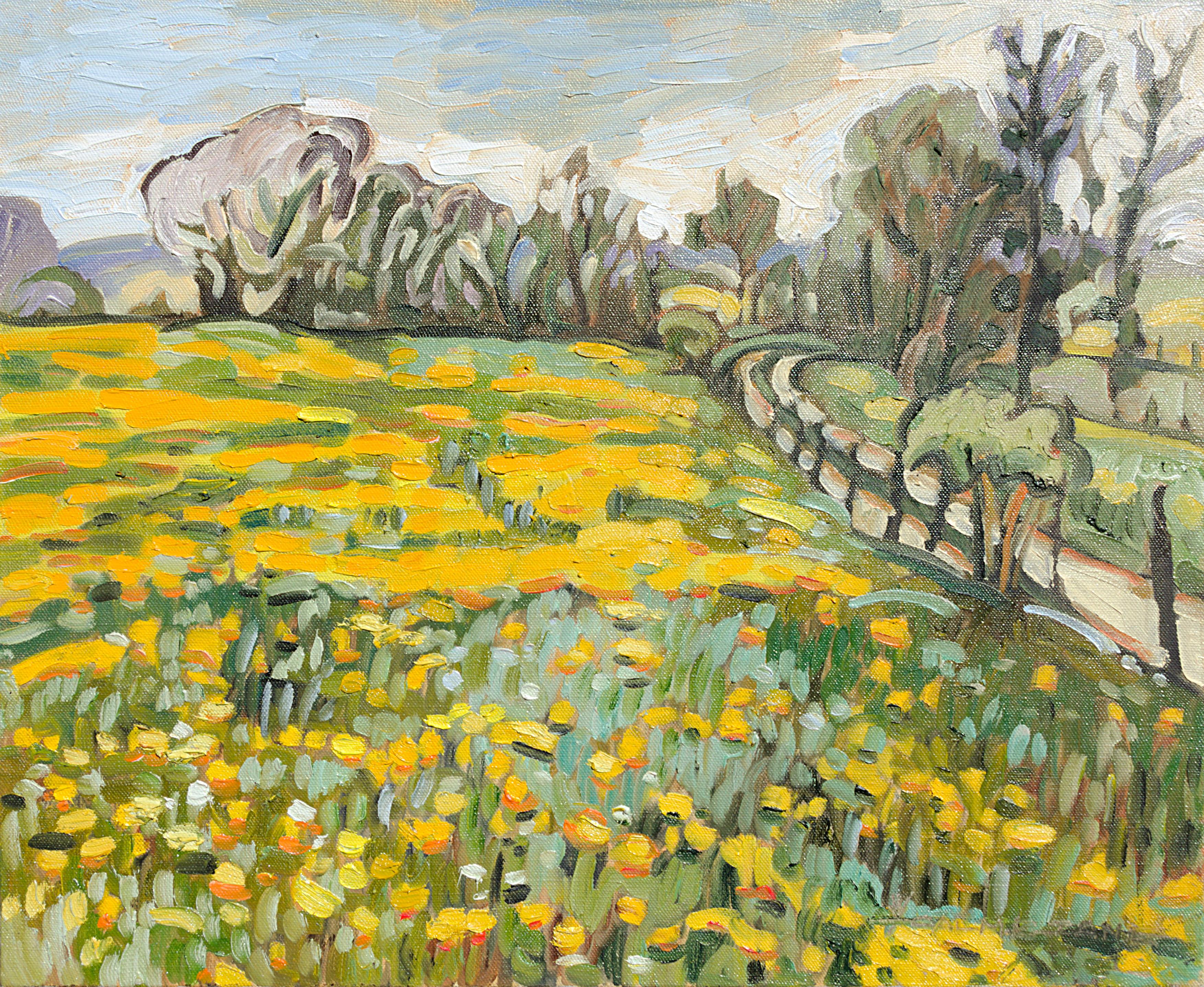 Yves Calméjane Landscape Painting - "Clear Days", Dandelion Fields Yellow Impressionist Landscape Oil Painting