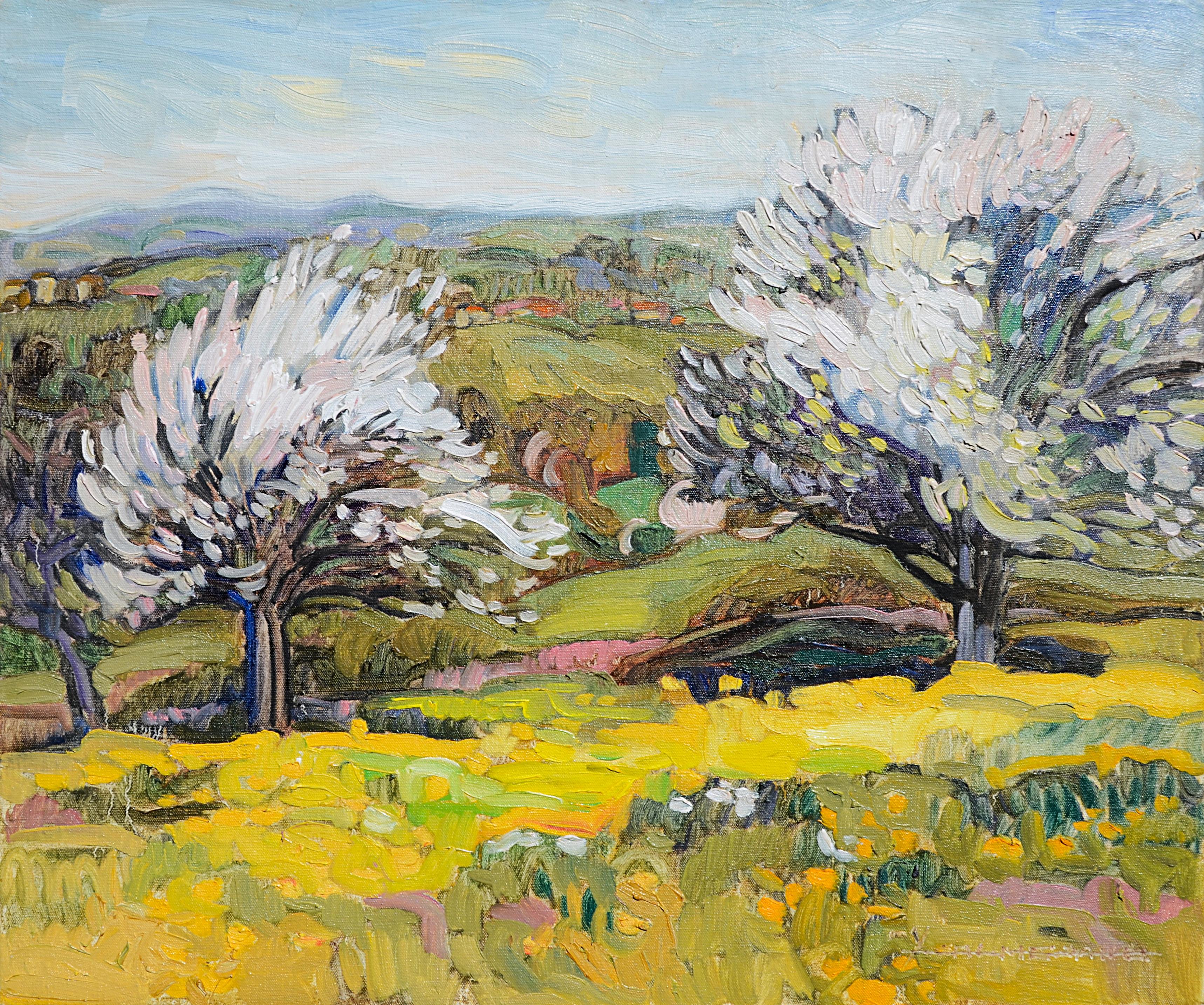 Yves Calméjane Landscape Painting - "Snow Flower", Couple of White Trees in a Yellow Prairie Landscape Oil Painting