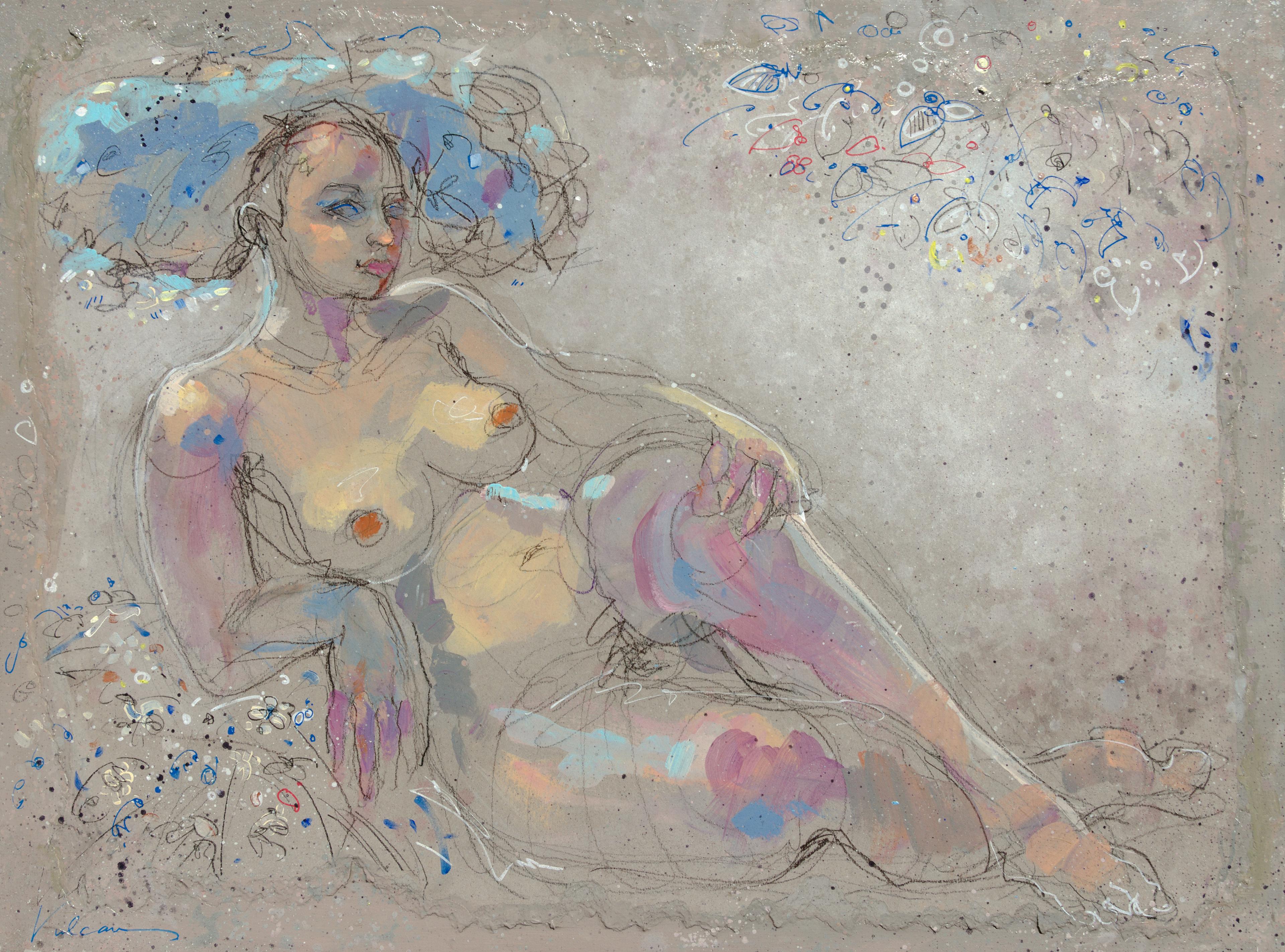 Raluca Vulcan Figurative Painting – "Cécile", Nackte mollige Frau auf dem Ellbogen liegend mit Blumen Gemälde in Mischtechnik