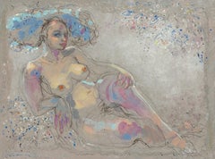 "Cécile", Mujer gordita desnuda recostada sobre el codo con flores Pintura en técnica mixta